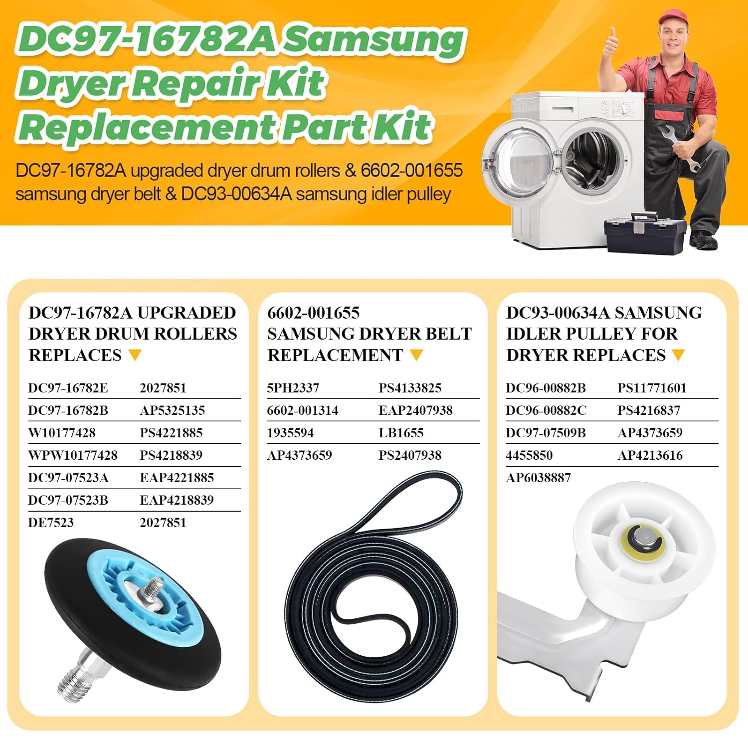 Dryer Repair Kit Fit for Samsung DV42H5000EW/A3 DV45H7000EW/A2 DV42H5200EP/A3 DV40J3000EW/A2, Includes DC97-16782A Samsung Dryer Roller, 6602-001655 Dryer Belt, DC93-00634A Idler Pulley by Techecook - Image 7