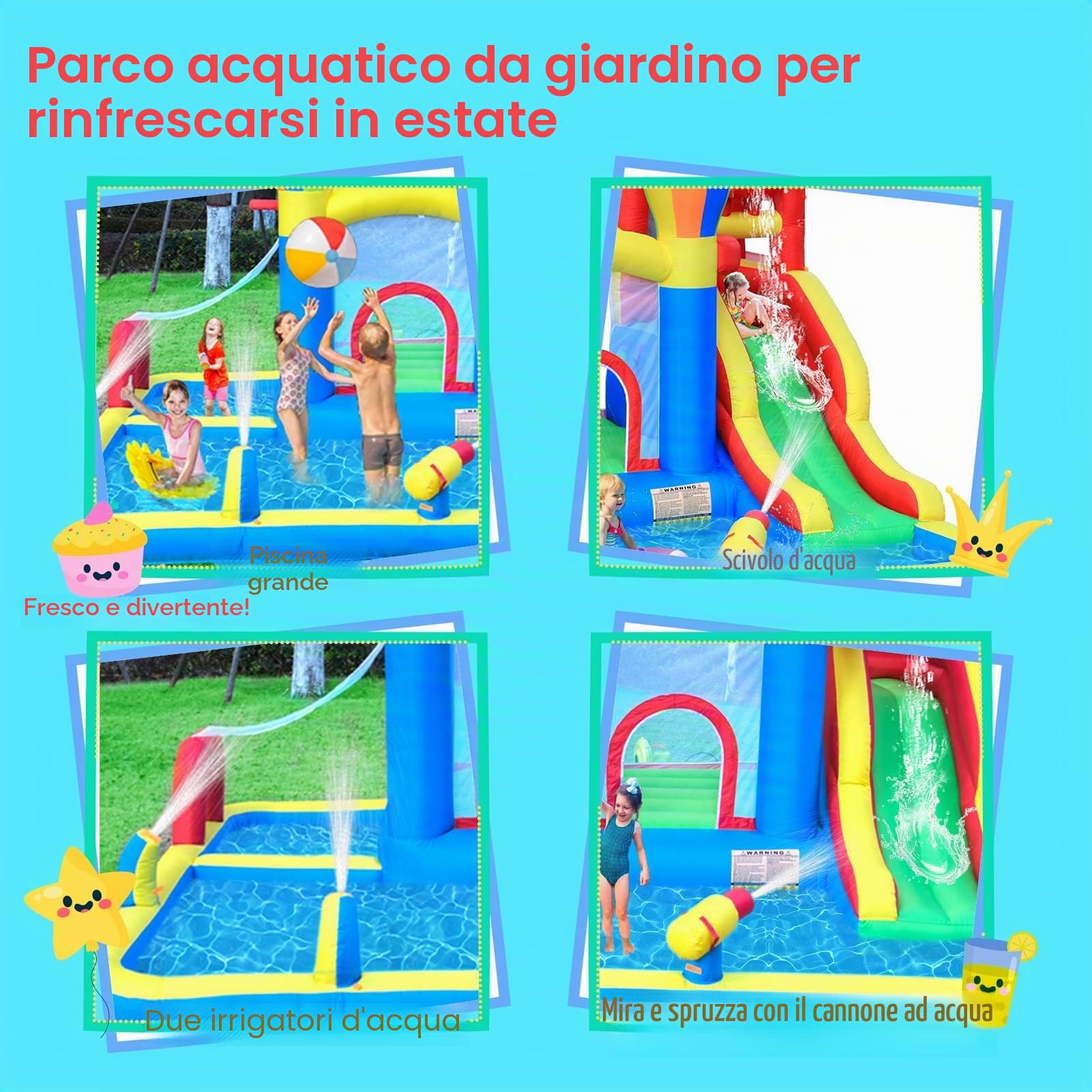 Baralir Castello gonfiabile con ventilatore, Parco acquatico, Scivolo a secco/Acqua, 343x338x202 cm, Castello gonfiabile interno/esterno, I migliori regali di vacanza/Compleanno per bambini