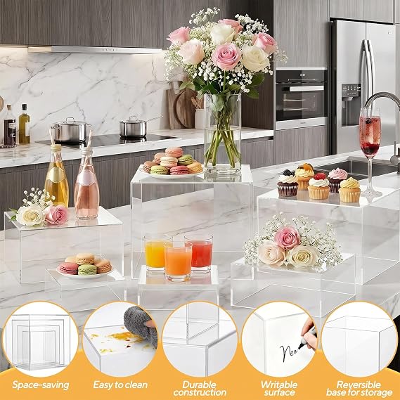 6 Pcs Buffet Risers - White Acrylic Food Risers for Buffet Table, 3x4x5x6x7x8Inch Display Stand Shelf Cube Dessert Stand Food Display Riser Box for Party Catering Collectibles Weddings Cupcake (Clear)