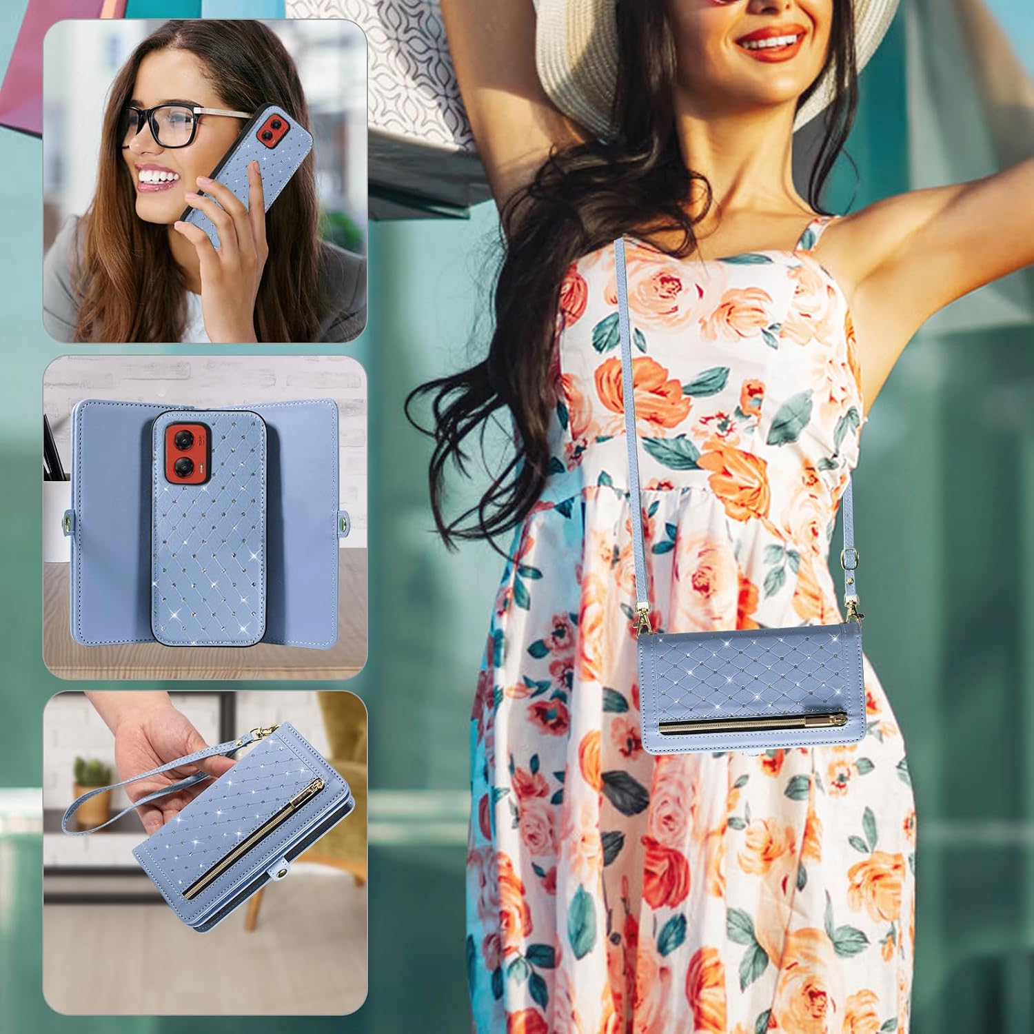 Asuwish Phone Case for Motorola Moto G Stylus 5G 2024 Zipper Wallet Detachable Magnetic Cell Cover Tempered Glass Screen Protector Crossbody Strap Bling Flip Credit Card Holder G5 Women Men Light Blue