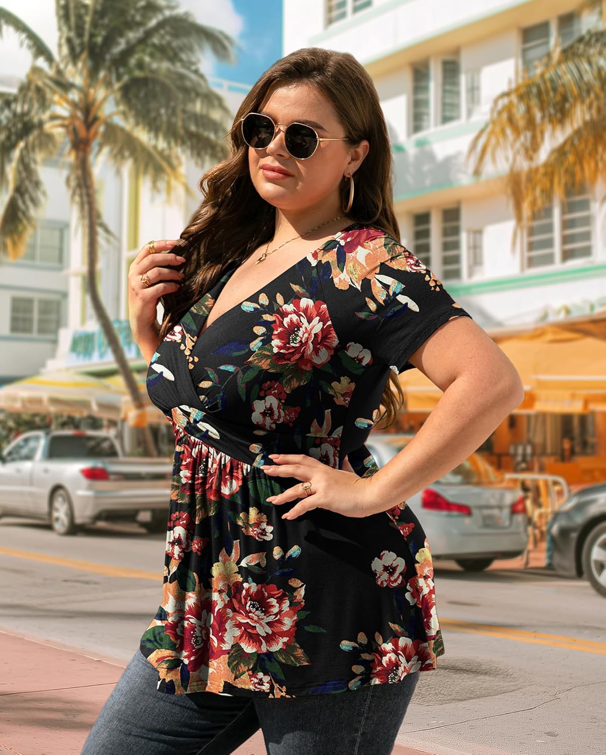 TIANZHU Women's Plus Size Dressy Tops Wrap Shirt Short Sleeve Tunic Top V Neck Low Cut Cute Blouse - Image 3