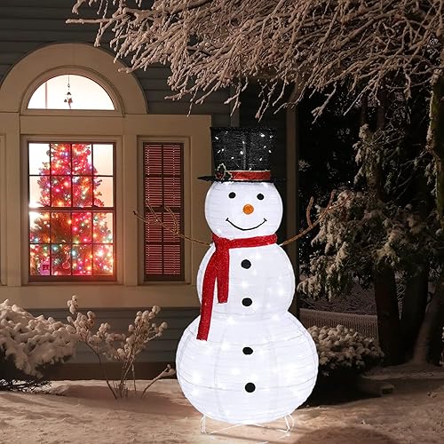 Miniatura 2 de VINGLI Muñeco de nieve para exteriores con 90 luces LED, muñeco de nieve iluminado con sombrero de copa, adornos navideños para decoración de patio
