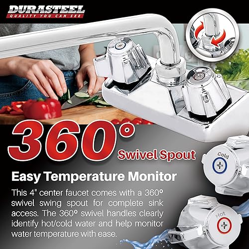 Miniatura 18 de DuraSteel Grifo de fregadero de cocina comercial, sin plomo, 4 pulgadas, montaje en pared central, grifo de fregadero de mano con boquilla de cuello