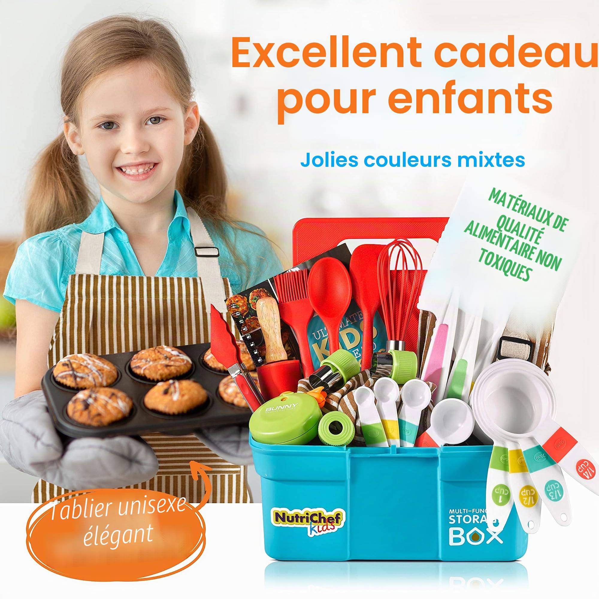 NutriChef Kit Cuisine Enfant et Pâtisserie – Set Complet avec Tablier Little Chef, Livre de Recettes, Couteaux Nylon et Ustensiles, dès 4 Ans