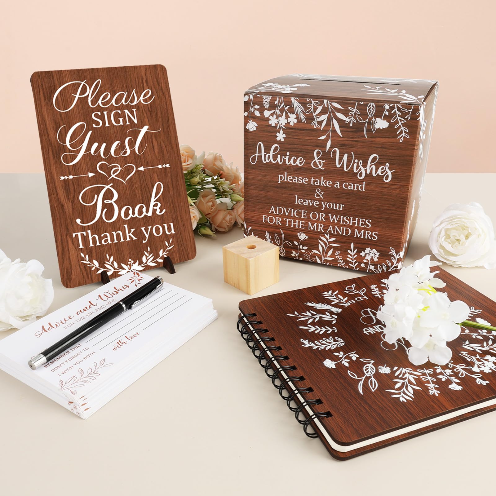 Hochzeitsgästebuch aus Holz für Hochzeitsempfang, Gästebuch mit Stift und Halter, Tischschild, Speicherkarten, Erinnerungsalbum, 64 Seiten für Jahrestag, Verlobung, Zubehör