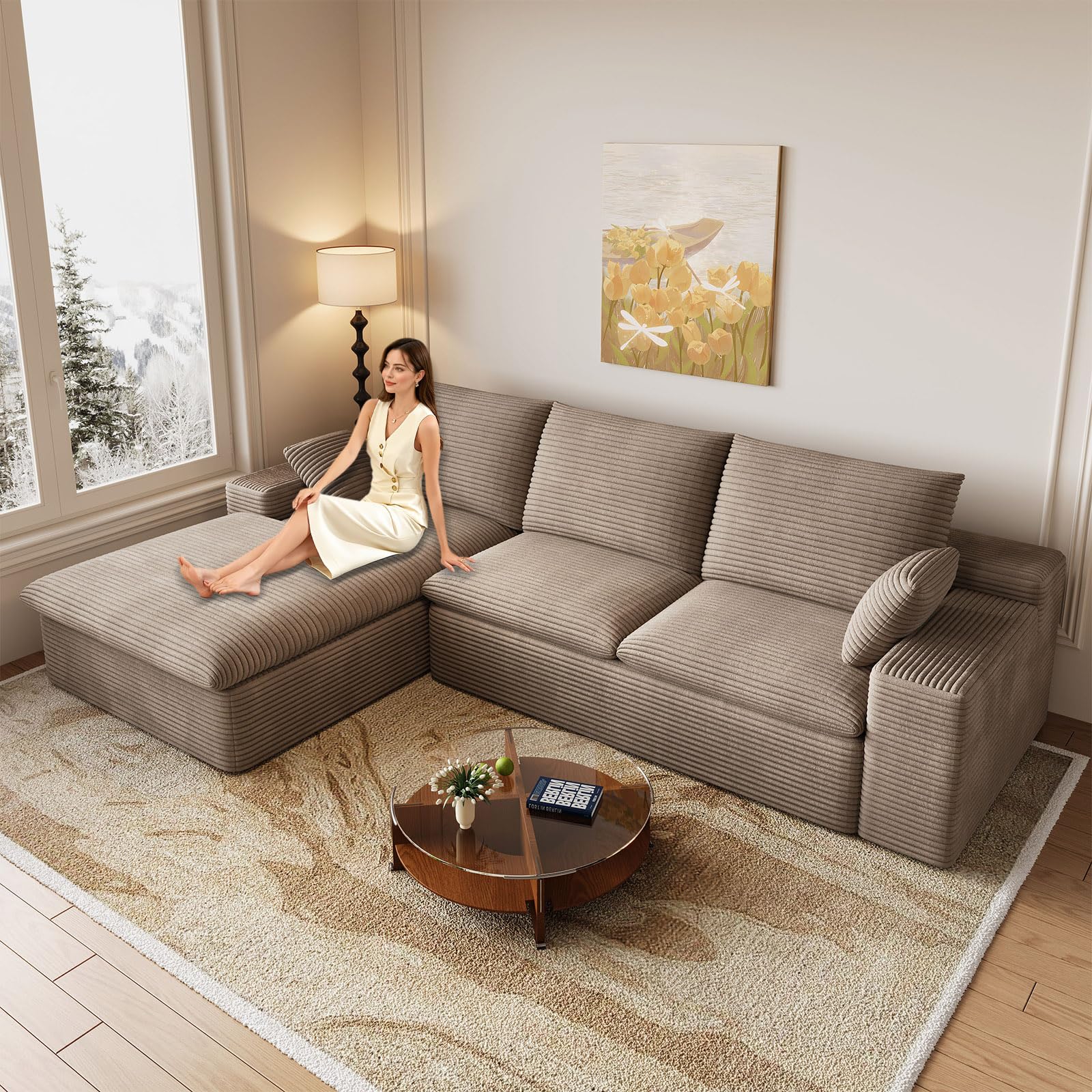 107" Cloud Couch Modular Sectional Sofa for Living Room, L-Shape Boneless Couch with Deep Seat, Modern Corduroy 3-Seater, No Assembly Required (Camel,Left-Facing Chaise)