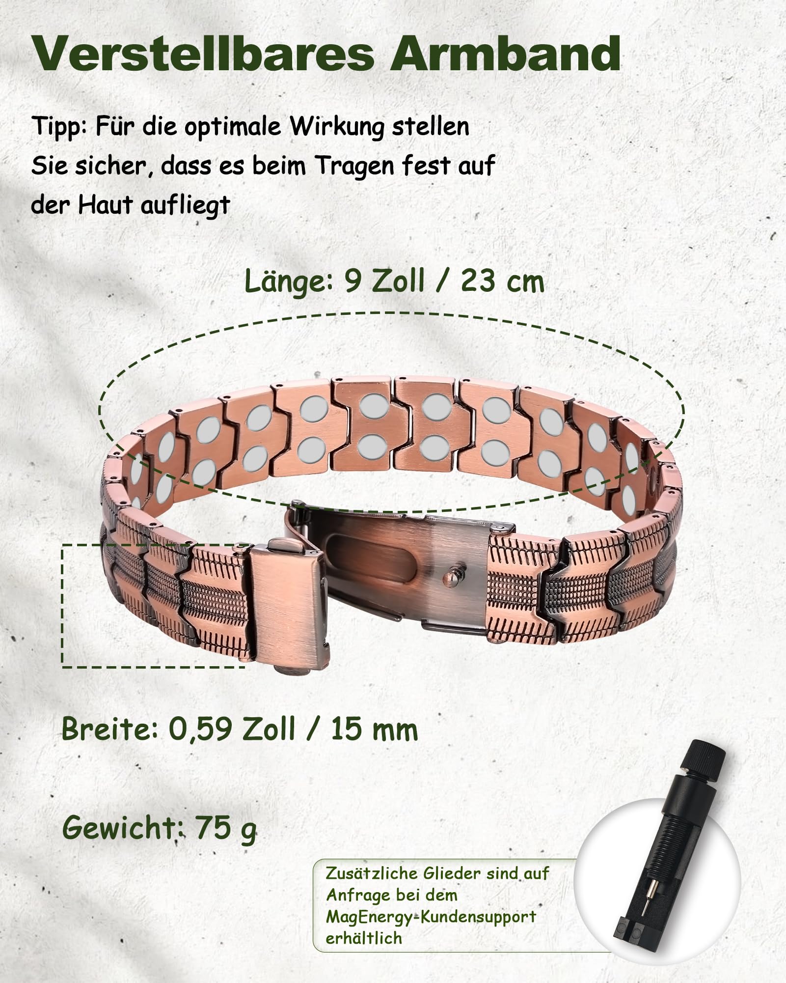 MagEnergy Bracelet en cuivre pour homme, 99,99 % cuivre pur, double aimants puissants, bracelet magnétique avec fermoir papillon, longueur réglable avec outil de réglage de la taille