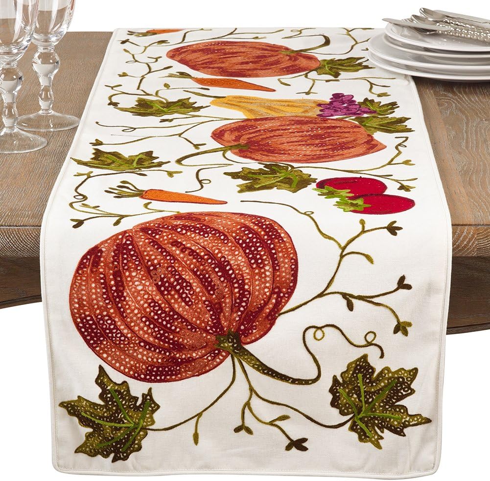 Fennco Styles Pumpkin Embroidery Thanksgiving Holiday Decorative 100% Cotton 16"x72" Rectangular Table Runner