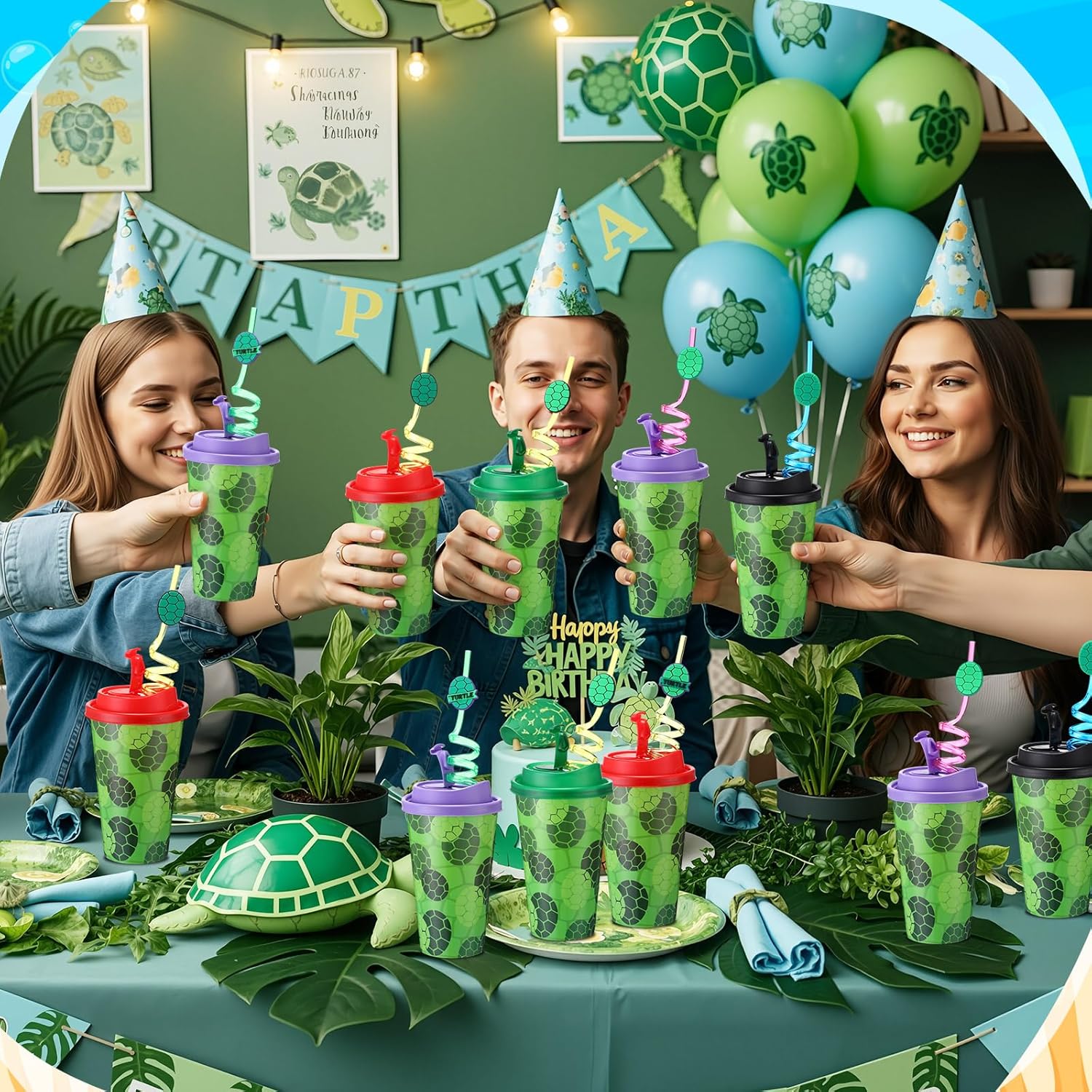 Yungyan 36 Sets Green Turtles Party Favors Goodie Cups with Lids and Straws for Birthday Decorations Reusable 16oz Plastic Candy Cups Plastic Straws for Birthday Party(Green Turtles)