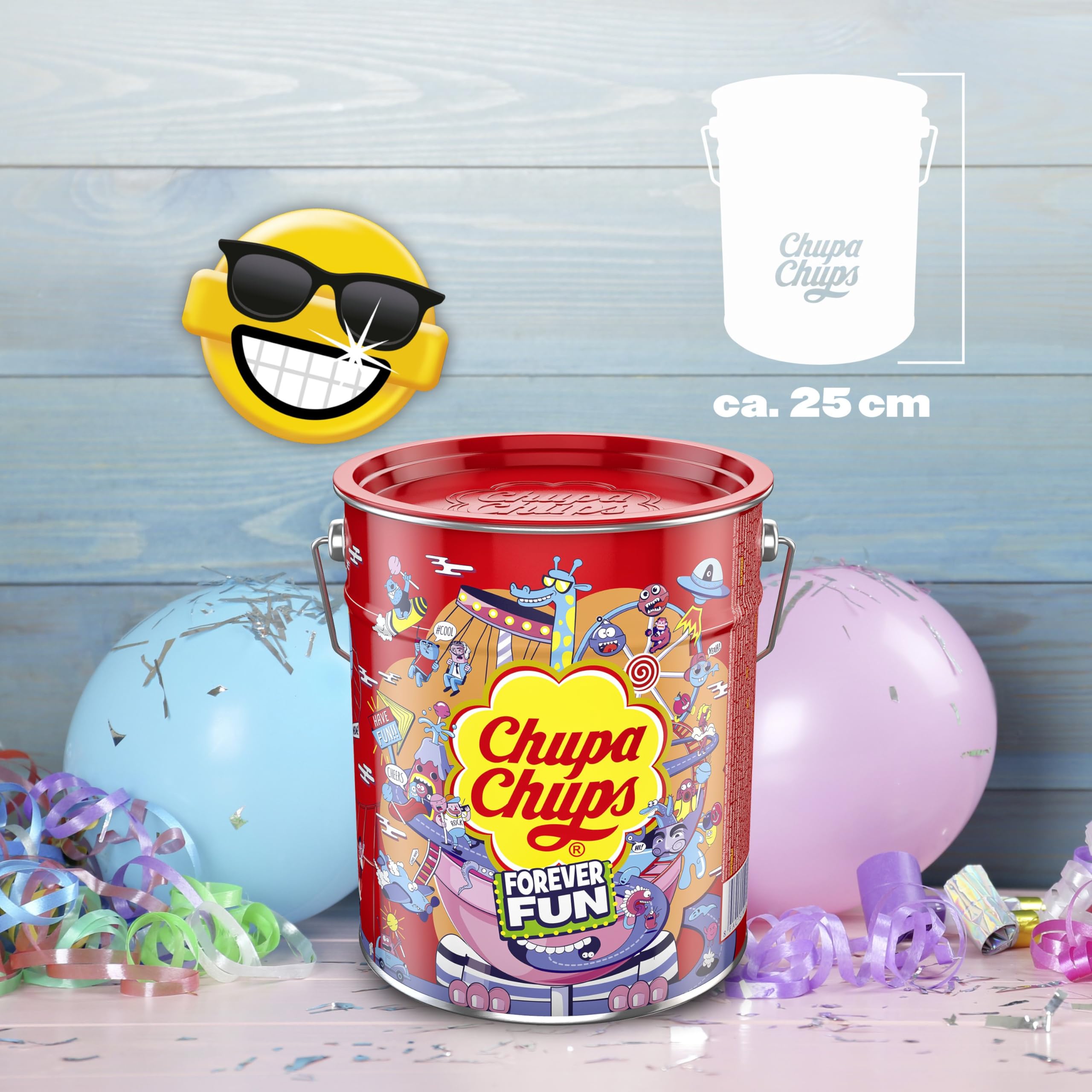Chupa Chups - wiadro z 150 lizaków w puszce do przechowywania, metalowa puszka z 6 smakami