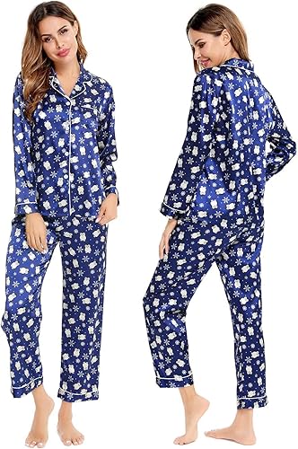 SWOMOG - Conjunto de pijama de dos piezas, de satén de seda con botones, para mujer