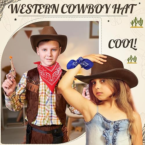 Miniatura 4 de Unittype Juego de 12 sombreros de vaquero para niños, sombrero de vaquera occidental y bandanas de poliéster para niños y niñas, disfraces de