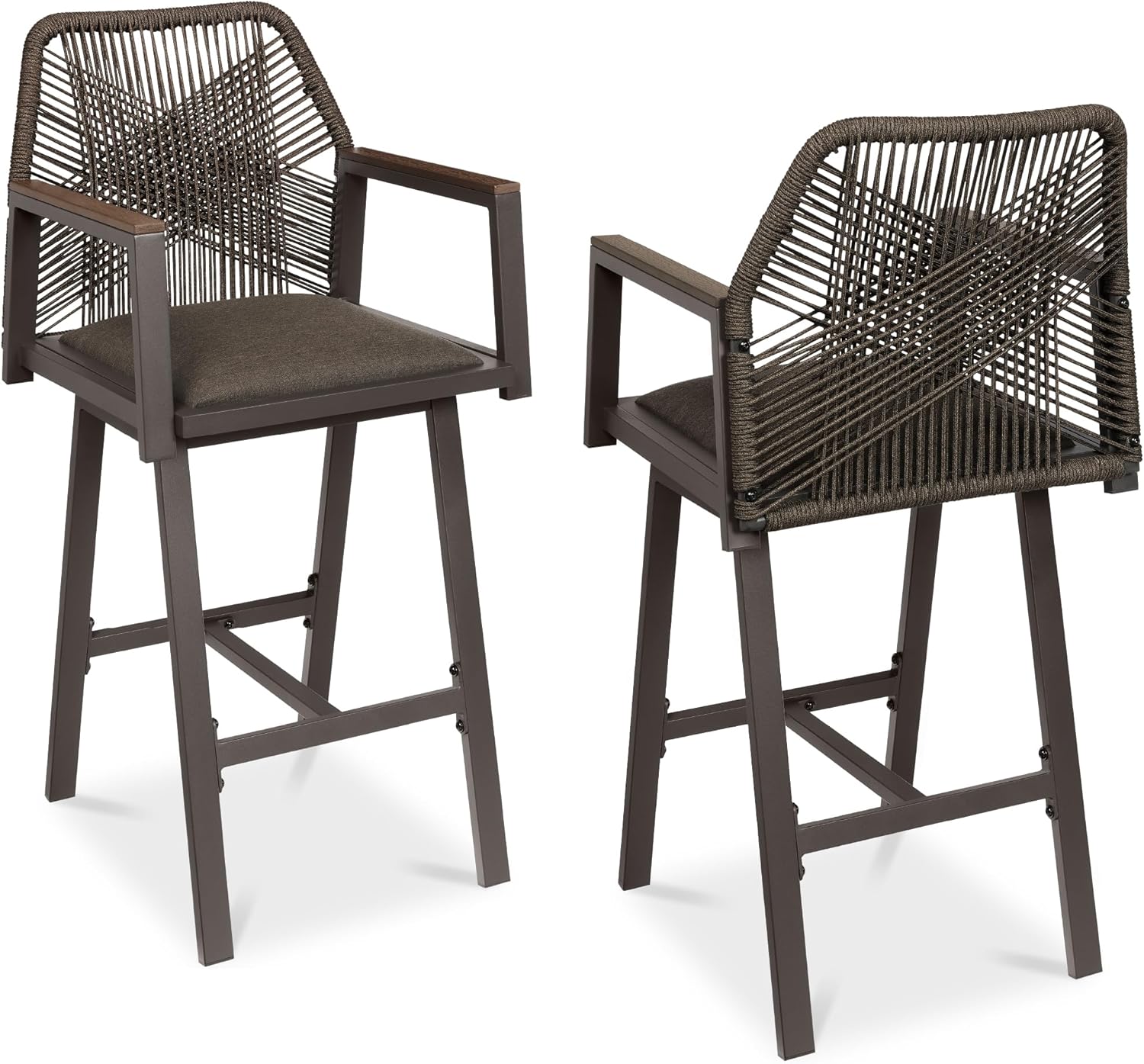 Best Choice Products Outdoor Bar Stools Set of 2, Bar Height, 360° Swivel Aluminum Frame, All-Weather Woven Rope Chair Design w/Armrests - Brown/Mocha