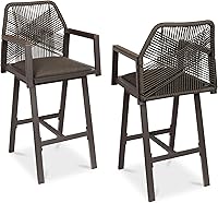 Best Choice Products 2-Pack Outdoor Swivel Bar Stools, Bar Height Aluminum Frame, All-Weather Woven Rope with Cushions & Armrests - Brown/Mocha
