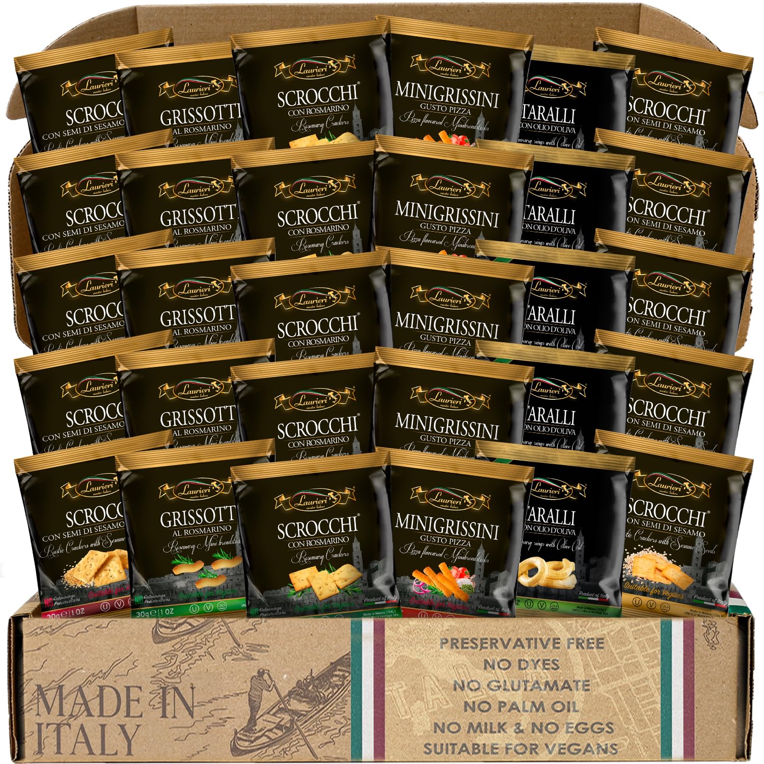 Italian Cracker Assortment - Pack of 30 - Snack Size Cracker Packs - Thanksgiving Snacks - Gourmet Artisan Cracker Variety Pack - Rosemary, Olive, Sesame, Poppy & Sesame, Pizza Flavors - Gourmet Crackers for Charcuterie Party - Cracker Gift Box - Kosher, Preservative Free