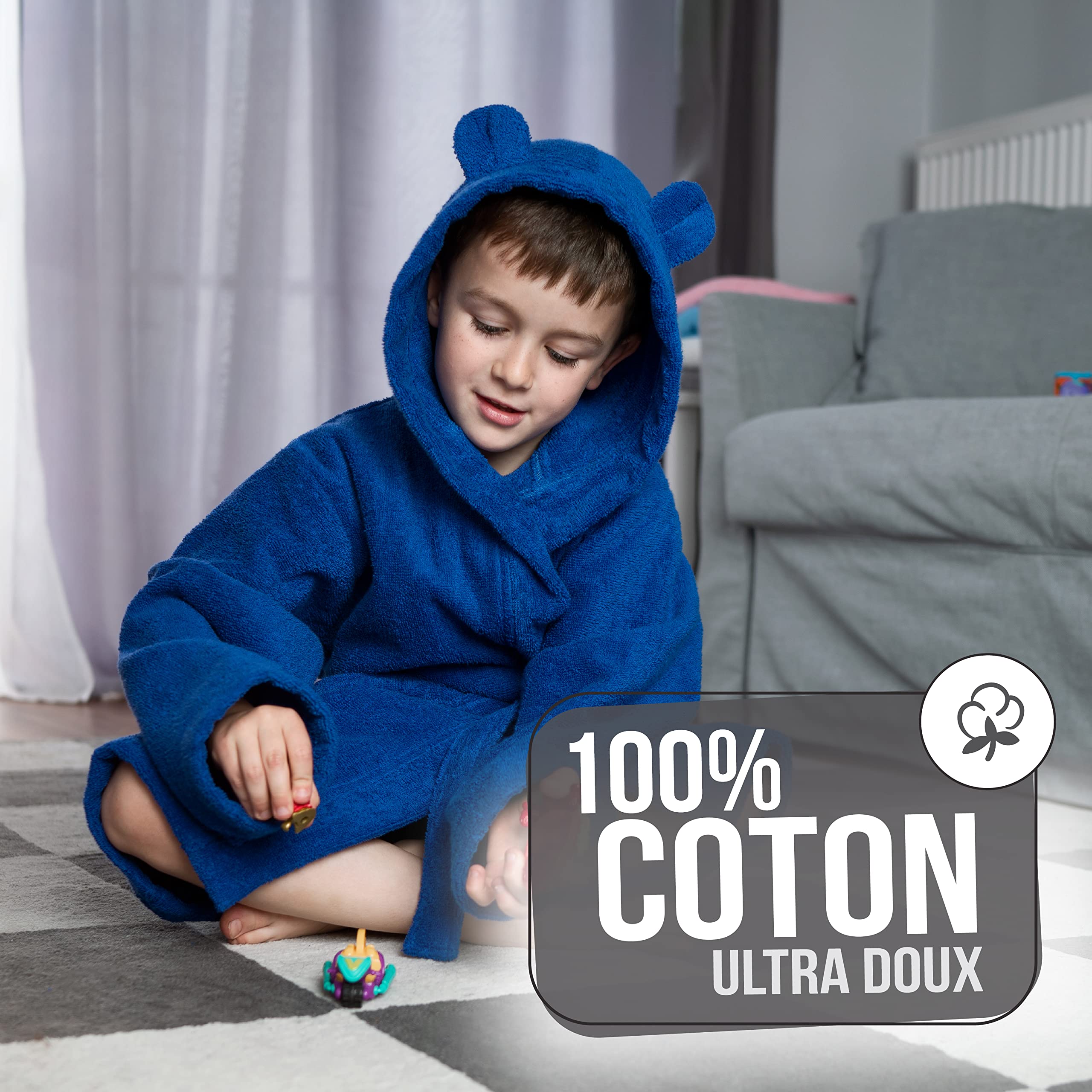 Twinzen - Peignoir Enfant Coton pour Fille et Garçon - 100% Coton OEKO-TEX® Sans Produits Chimiques- 2 Poches, Ceinture, Capuche avec Oreilles