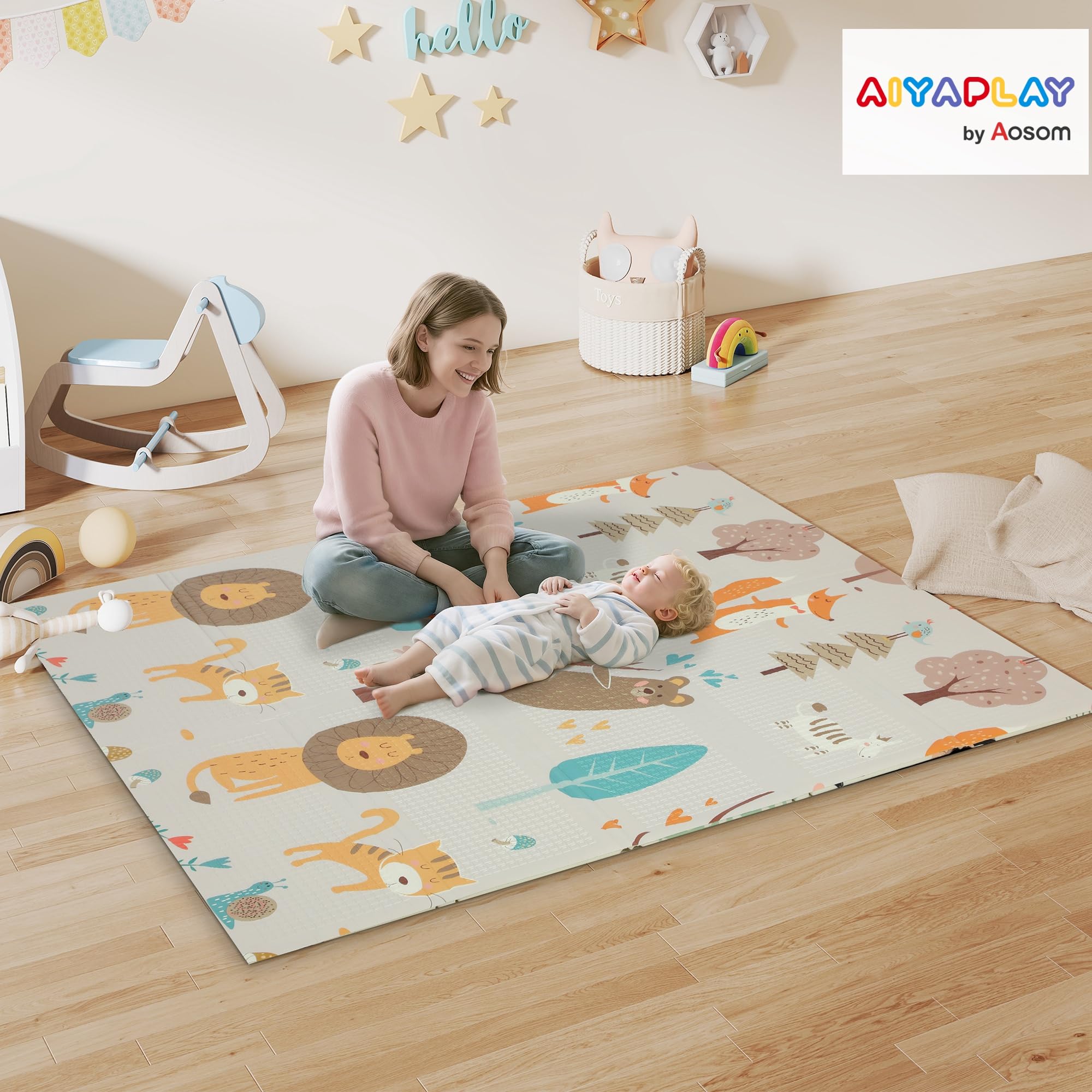AIYAPLAY Baby-Spielmatte faltbar 177 x 146 x 1,5 cm Tiermotiv | Doppelseitig, wendbare Spielmatte, wasserdichte Schaumstoff-Krabbelmatte, für Innen & Außen Picknick