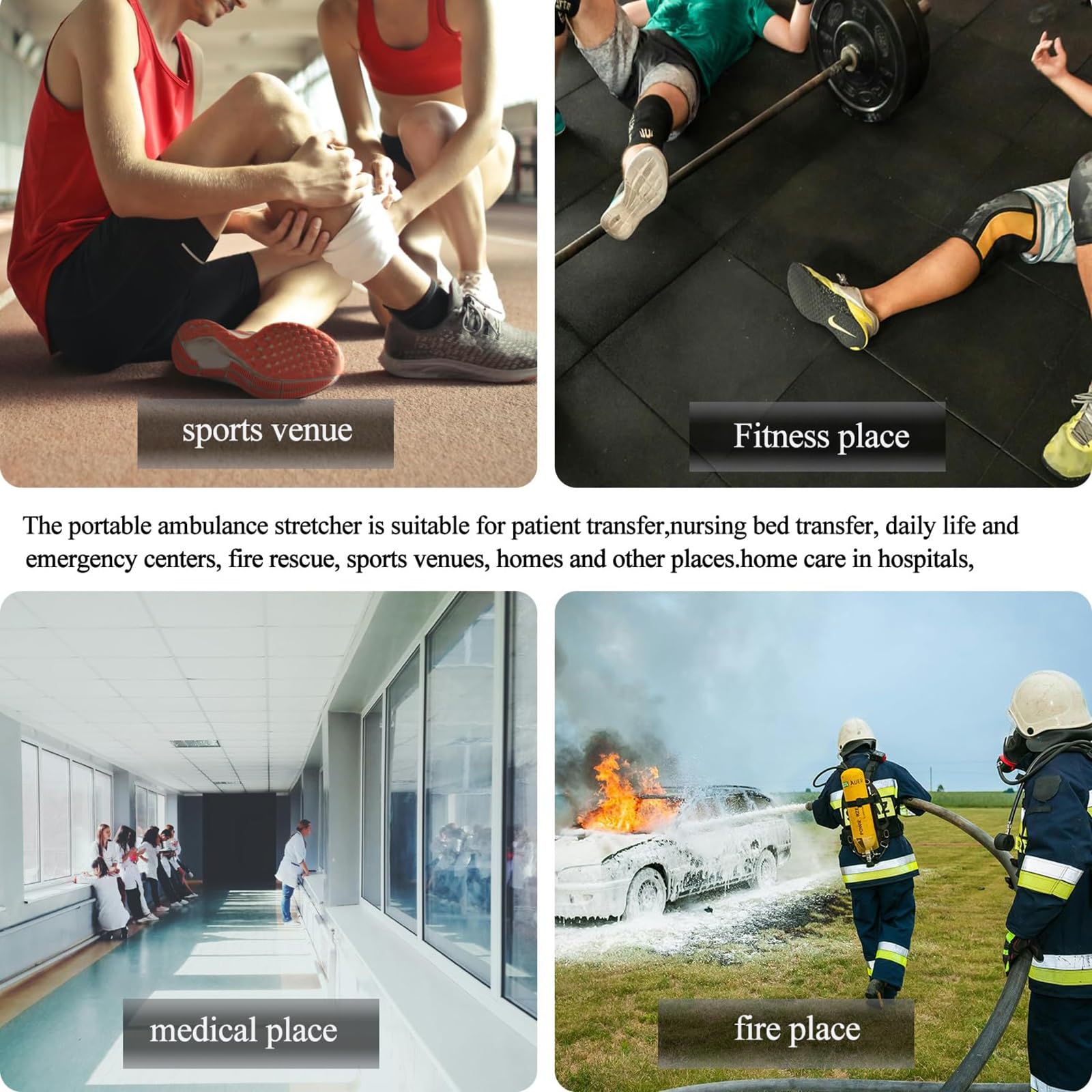 Brancard Pliant, brancard de sauvetage léger en alliage d'aluminium à 4 roues avec barre de traction,pour les hôpitaux, les cliniques, les sites sportifs, les services de secours en cas d'incendie.