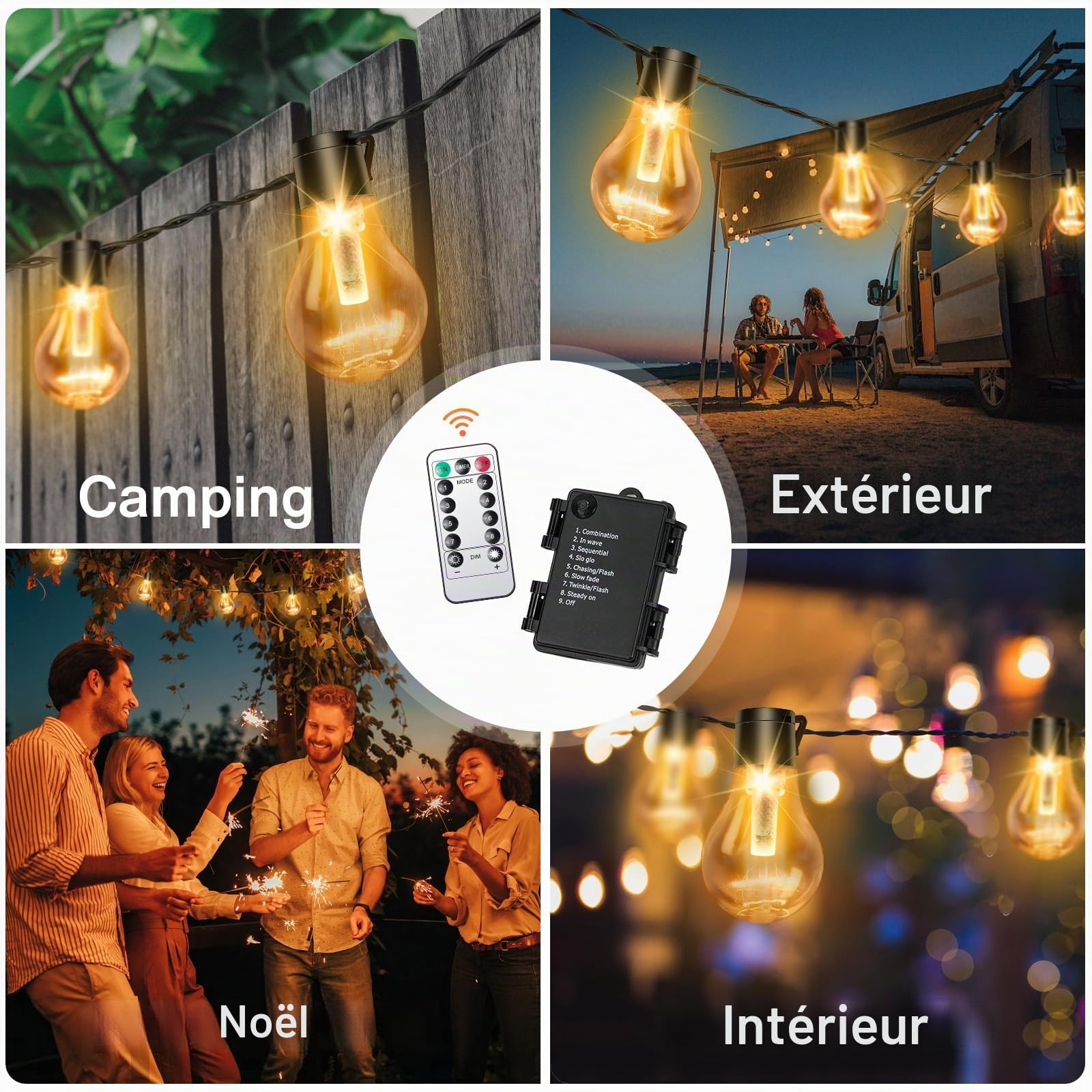 Guirlande lumineuse d'extérieur avec batterie minuterie 9 m,12 ampoules A60 LED,Télécommande,Avec 8 modes,IP64,Pour intérieur de Noël, fenêtre, escaliers, jardins, pavillons, mariages