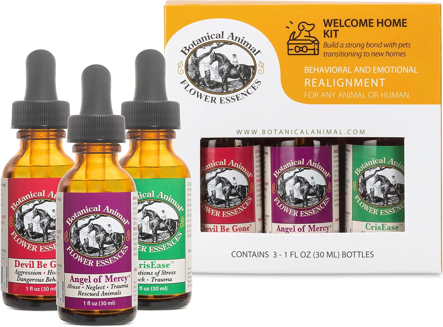 Botanical Animal Safe Natural Flower Essence Combination - Welcome Home Kit for Distressed Pets Seeking Transitional Bonds in New Homes - Non-Mood Altering, Hemp-Free, Non Allergenic - 1oz (30 ml)