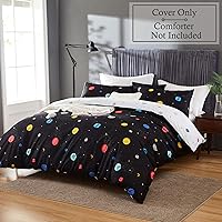 Vista 2 de LAMEJOR Juego de funda de edredón tamaño Queen con estampado de planetas azul marinoblanco (1 funda de edredón + 2 fundas de almohada)