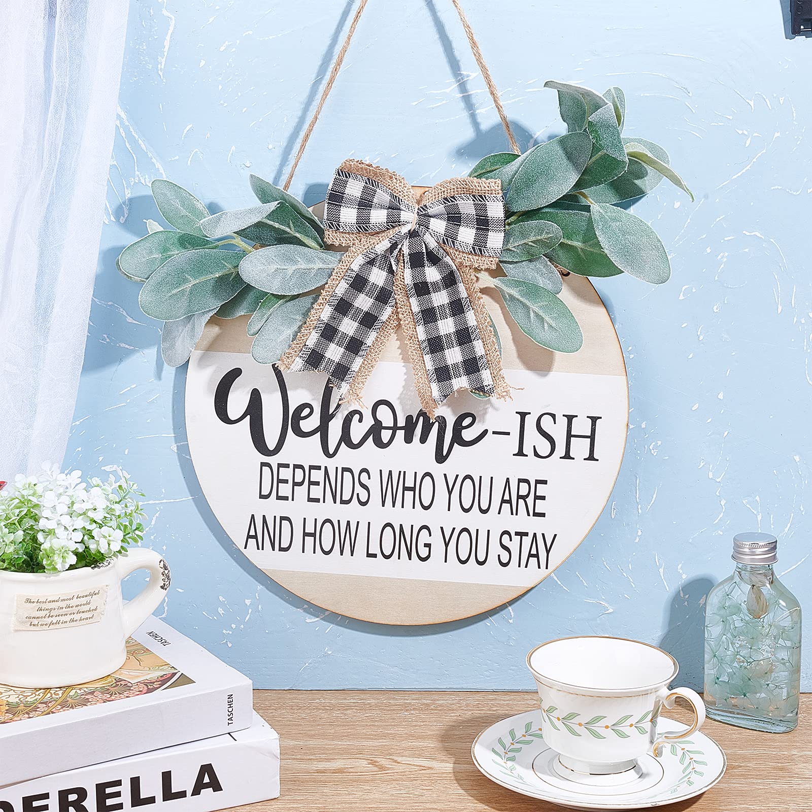 SUPERDANT Welcome-Ish Bowknot Cartello di Benvenuto Retro In Legno Piatto Rotondo Appeso Placca Rustica Naturale Decorazioni Da Parete per Casa Casa Colonica Porta D'Ingresso Decorazioni