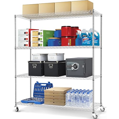 Rengue 4-Tier Heavy Duty Wire Storage Shelves with Wheels, 60" W x 24" D x 72" H Metal Storage Rack, Adjustable Garage & Pantry Shelves, 2400 LBS Commercial Grade, Chrome