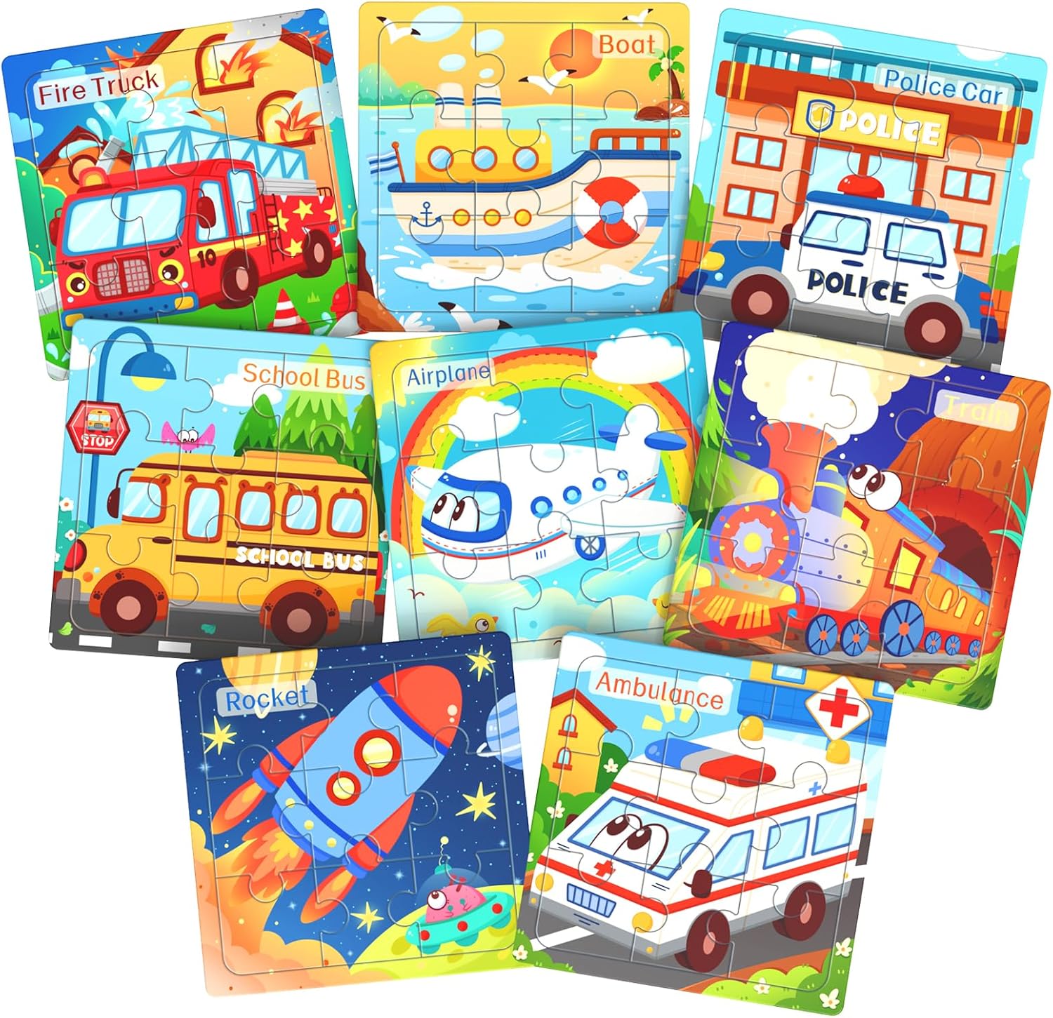 Zeoddler Wooden Puzzles for Toddlers, 8 Pack Vehicle Jigsaw Puzzles for Kids3-5, 9 Pieces Preschool Learning Activities, Learning & Educational Toys, Gift for Boys, Girls