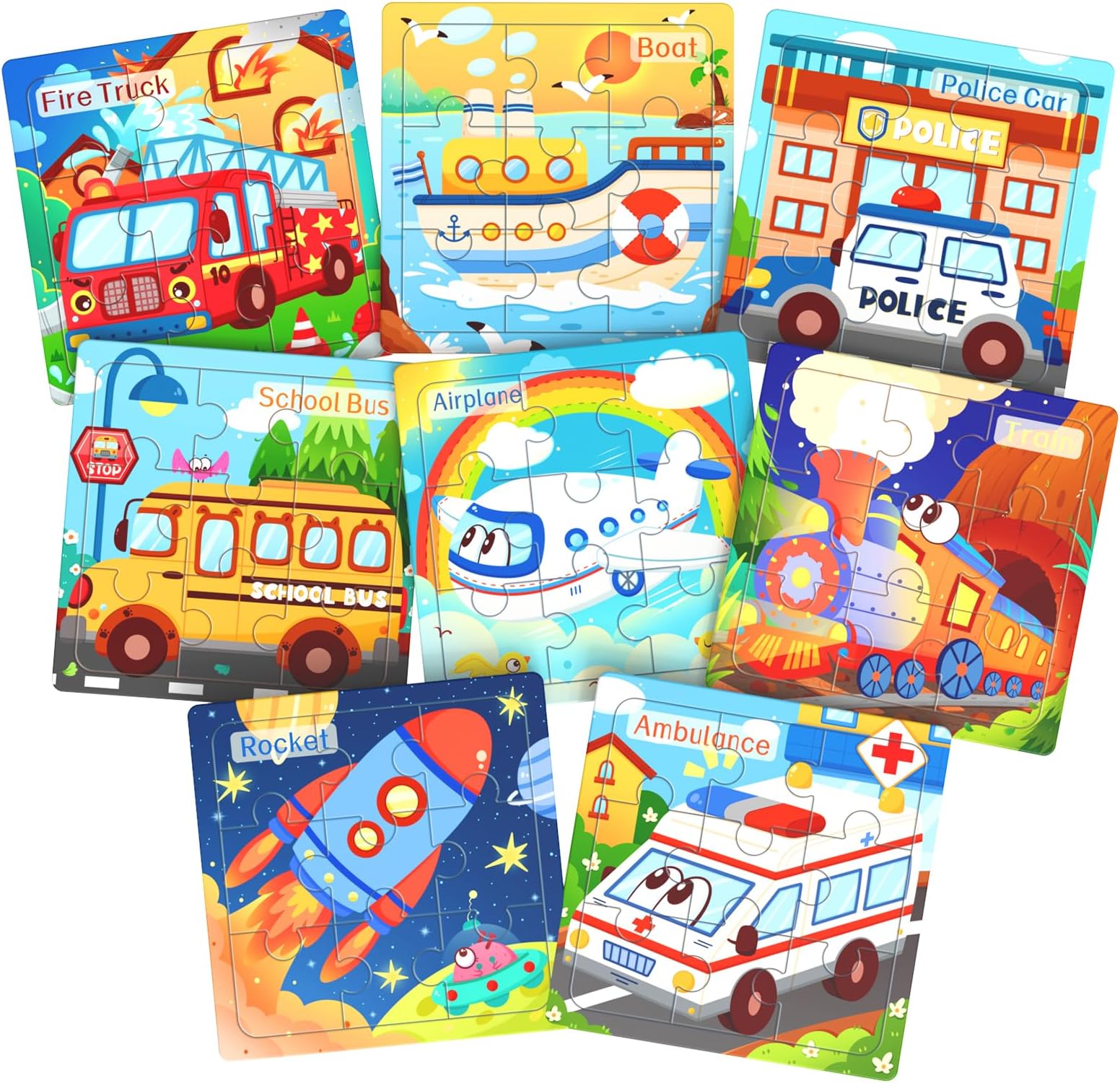 Zeoddler Wooden Puzzles for Toddlers, 8 Pack Vehicle Jigsaw Puzzles for Kids3-5, 9 Pieces Preschool Learning Activities, Learning & Educational Toys, Gift for Boys, Girls