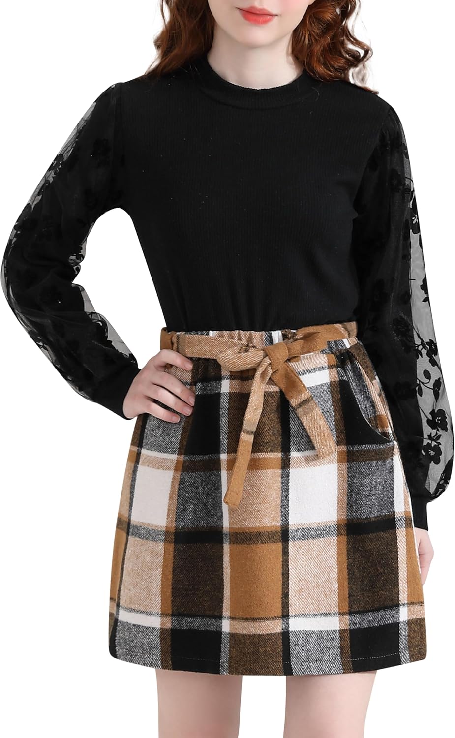 2-Piece Girls Skirt Set Winter Plaid Skirt Set Casual Fall Long Sleeve Rib Knit Shirt Tops Dress Outfit with Pockets