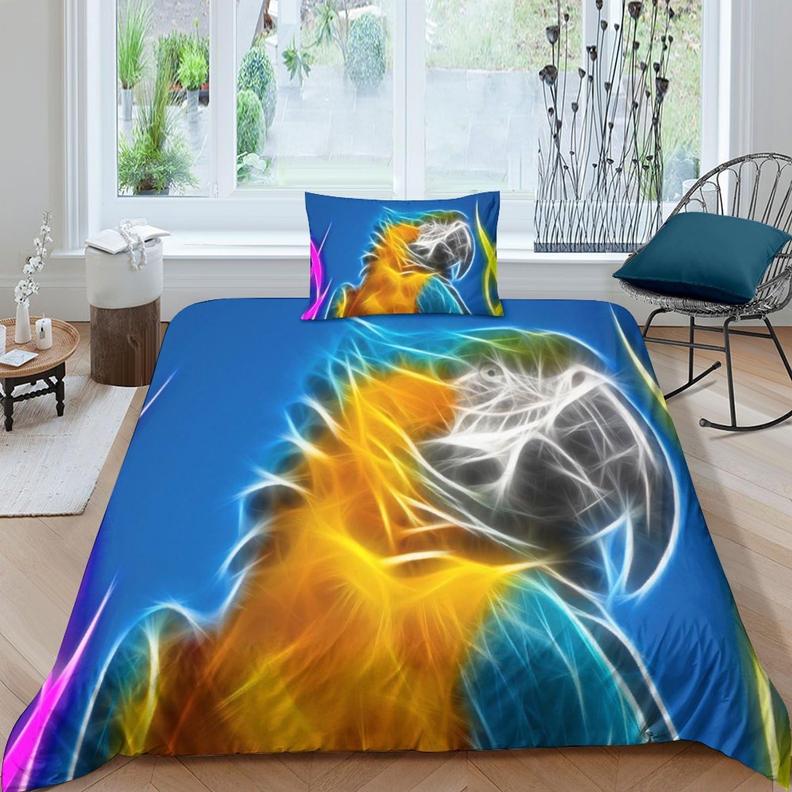 Housse de couette fermeture éclair perroquet 3D parure lit anti-glissement