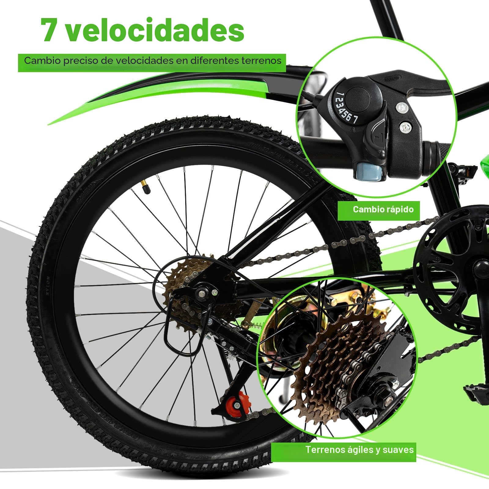 Bicicleta de montaña para niños de 20 pulgadas, con guardabarros, 7 marchas, bicicleta de montaña para niños y niñas, rueda de suspensión de acero al carbono, regalo para 125 cm hasta 155 cm