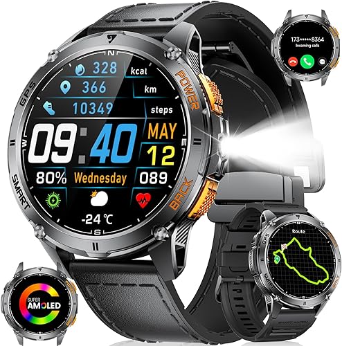 LIGE Reloj inteligente con GPS para hombre, brújulalinterna LED, podómetroreloj inteligente AMOLED de 1.43 pulgadas, más de 100 modos deportivos