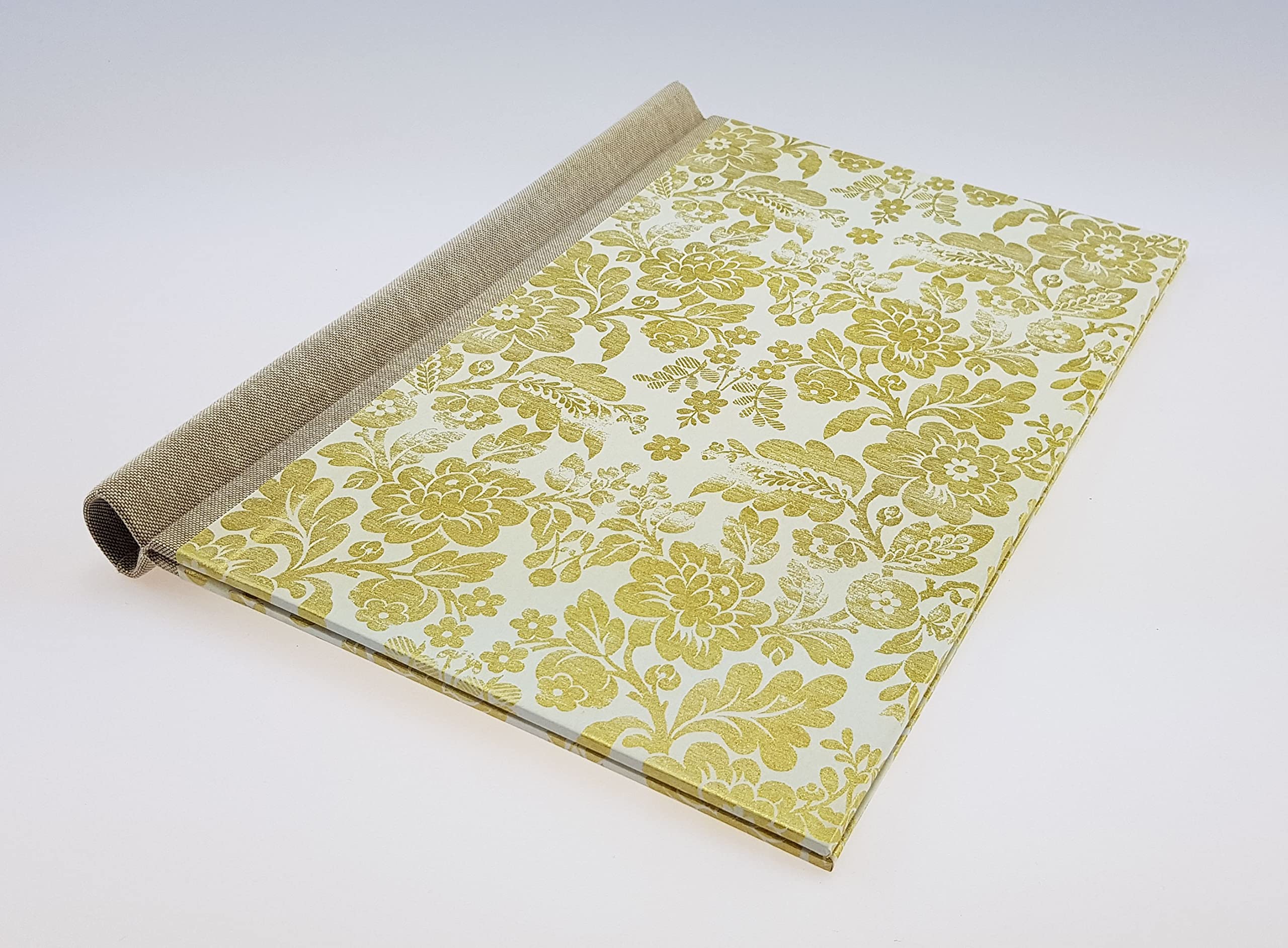 Klemmbinder Luxury Brokat Naturleinen, A4, Gold- und floralem Motiv, 22.5 x 30.8 cm, 3mm starke Buchbinderpappe, italienisches Dekorpapier, Naturleinenrücken