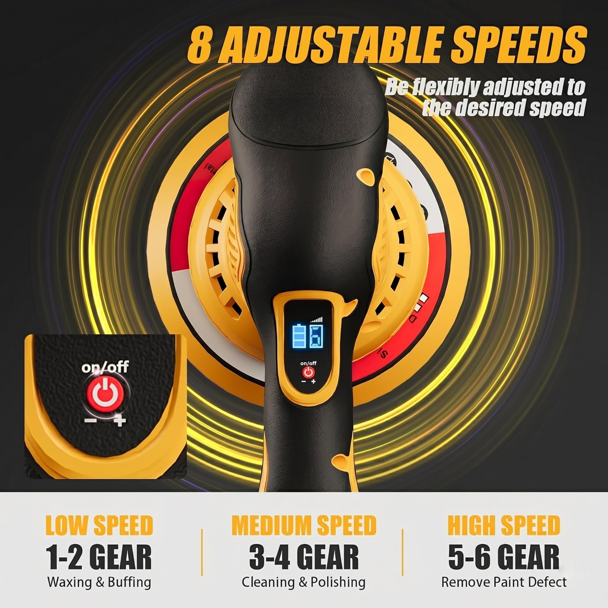 Pulidora para detalles de coche compatible con batería Dewalt de 20 V, pulidora de hasta 5500 rpm, amortiguador orbital inalámbrico para coche Pulidora de Autos 6 velocidades variables