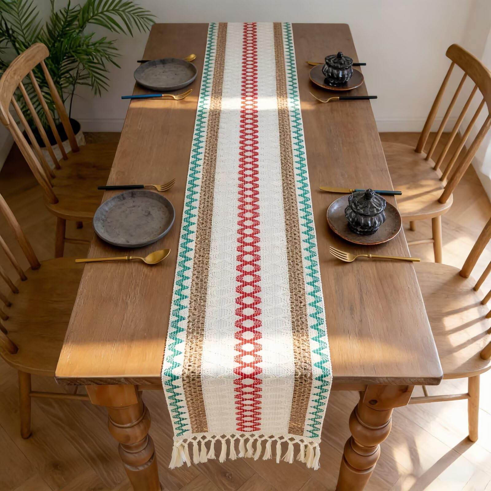 GNKBTOF 30 cm x 220 cm Table Runners ​for Dining BTable Runners Boho with Tassels, Hand Woven Cotton Sideboard Runners Extra Long, Rustic Farmhouse Table Runner for Kitchen
