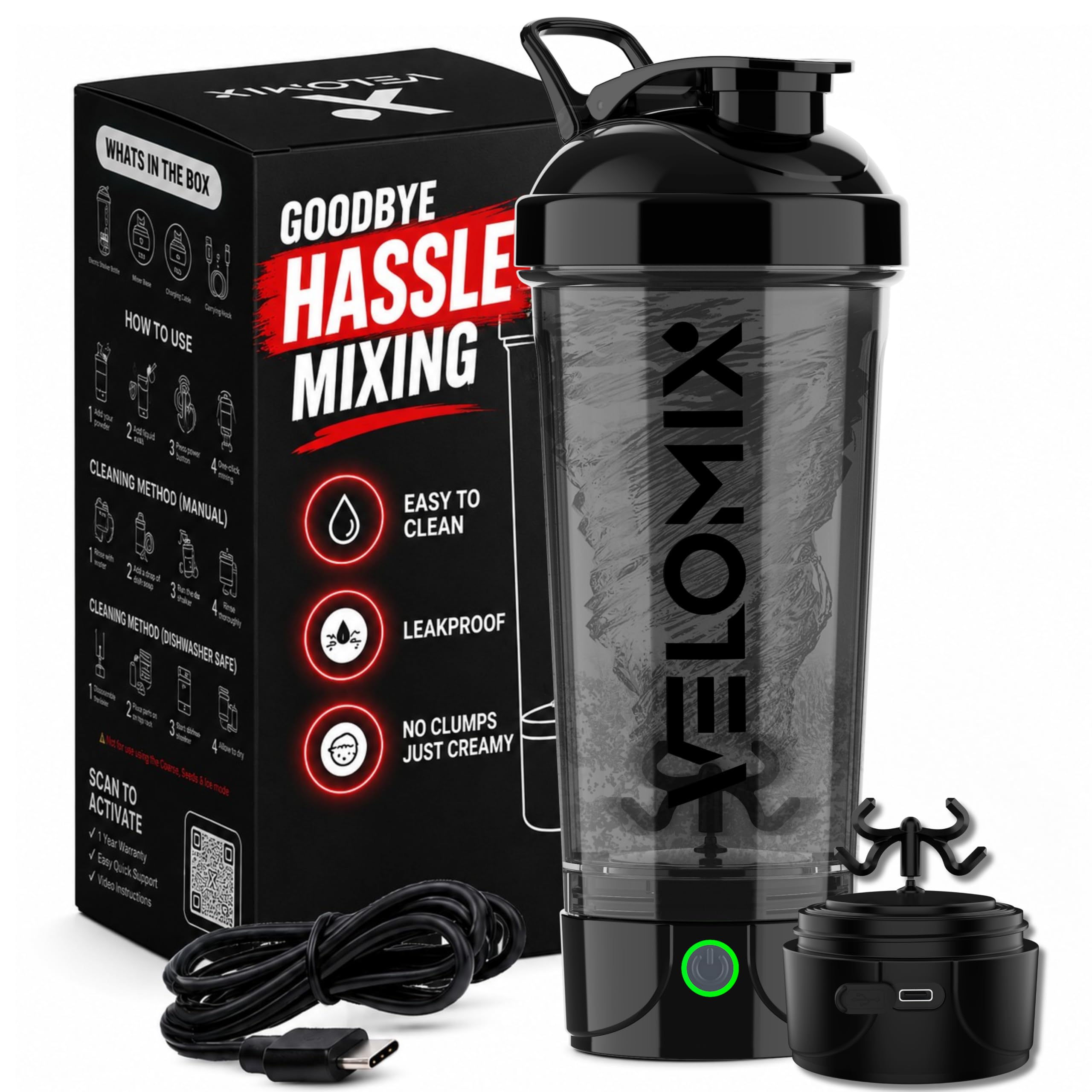VELOMIX 24oz Electric Protein Shaker Bottle for Protein Mixes, Black