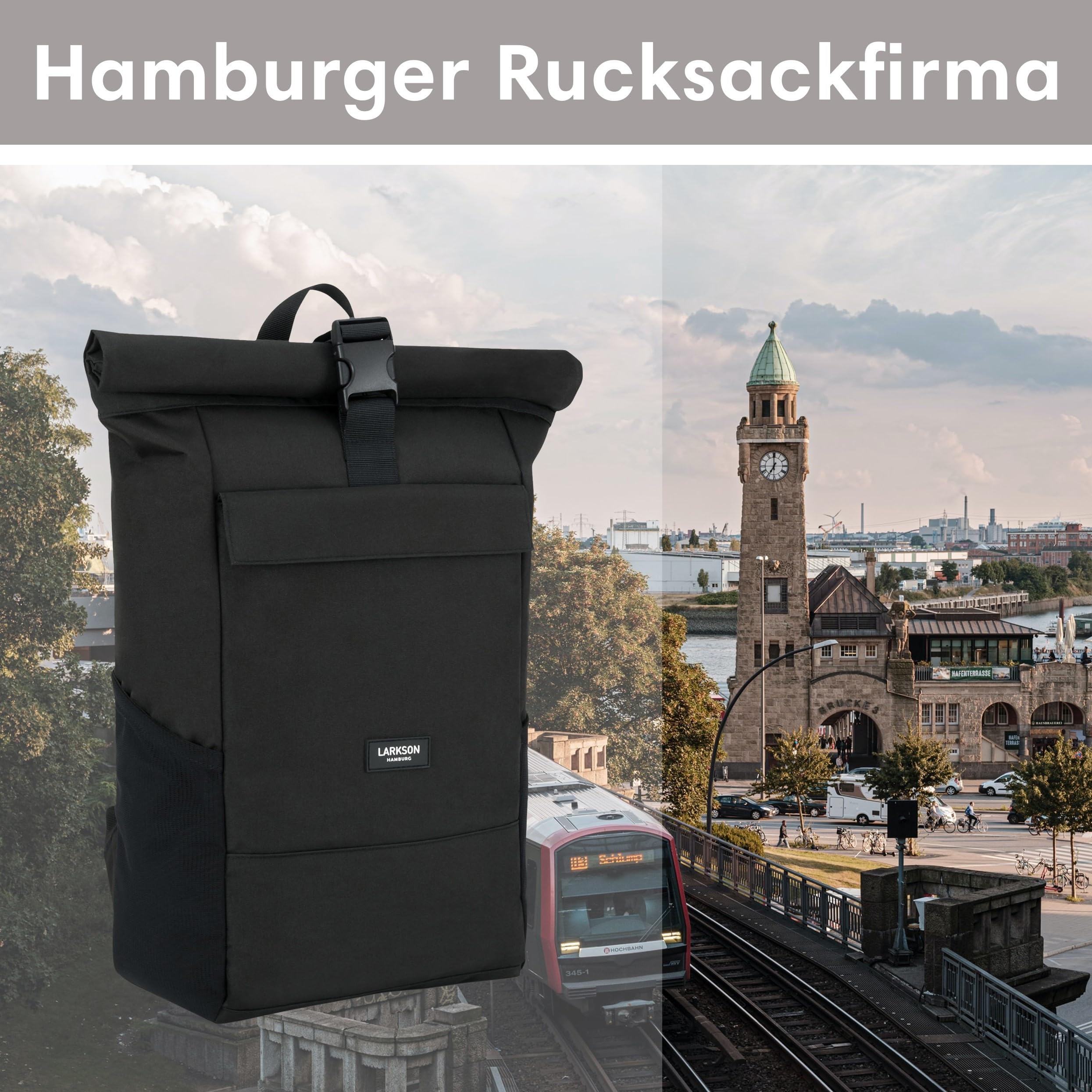 LARKSON Rucksack Damen & Herren - No 4 - Rolltop Backpack mit Laptopfach Uni, Arbeit & Fahrrad - Großer Reiserucksack - Wasserabweisend