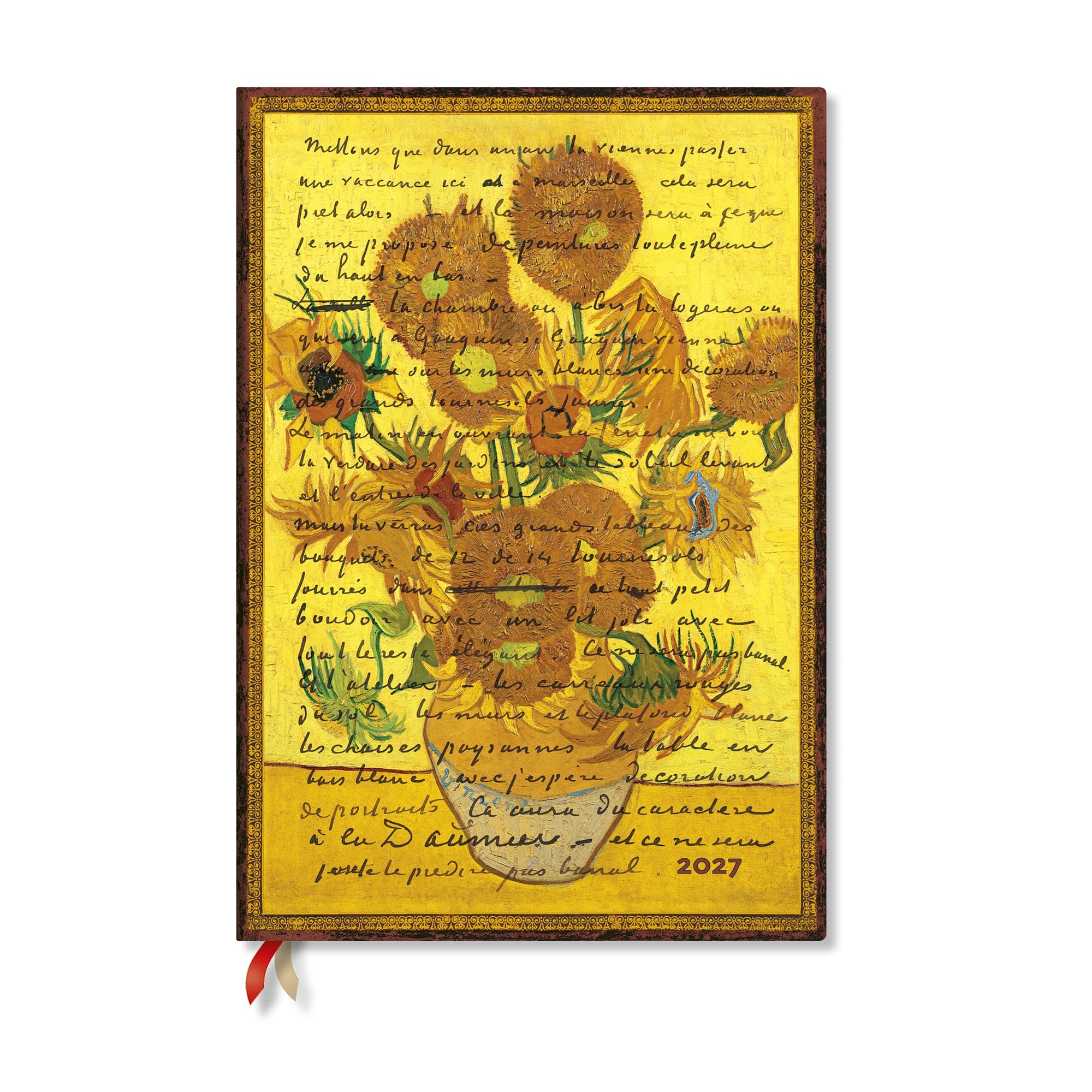 2027 Van Gogh, Sunflowers (Embellished Manuscripts Collection) Grande 12-Month Hardcover Dayplanner (Elastic Band Closure) Vertical