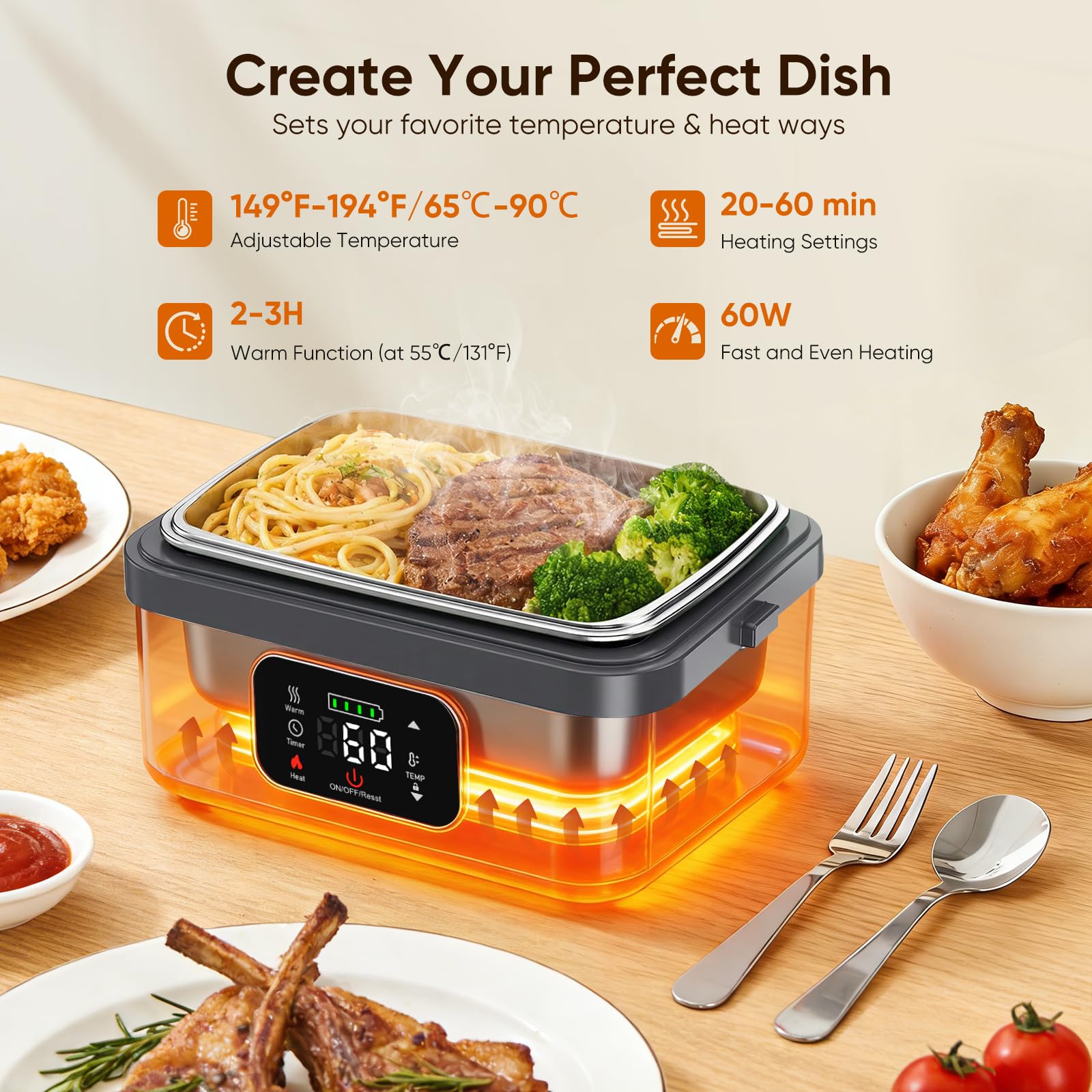 Scaldavivande Elettrico Portatile 1L con Temperatura e Tempo Regolabili, Scaldavivande a Batteria Ricaricabile con Display LED Scaldavivande Portatile con Ufficio Viaggio Esterno（nero grigio）