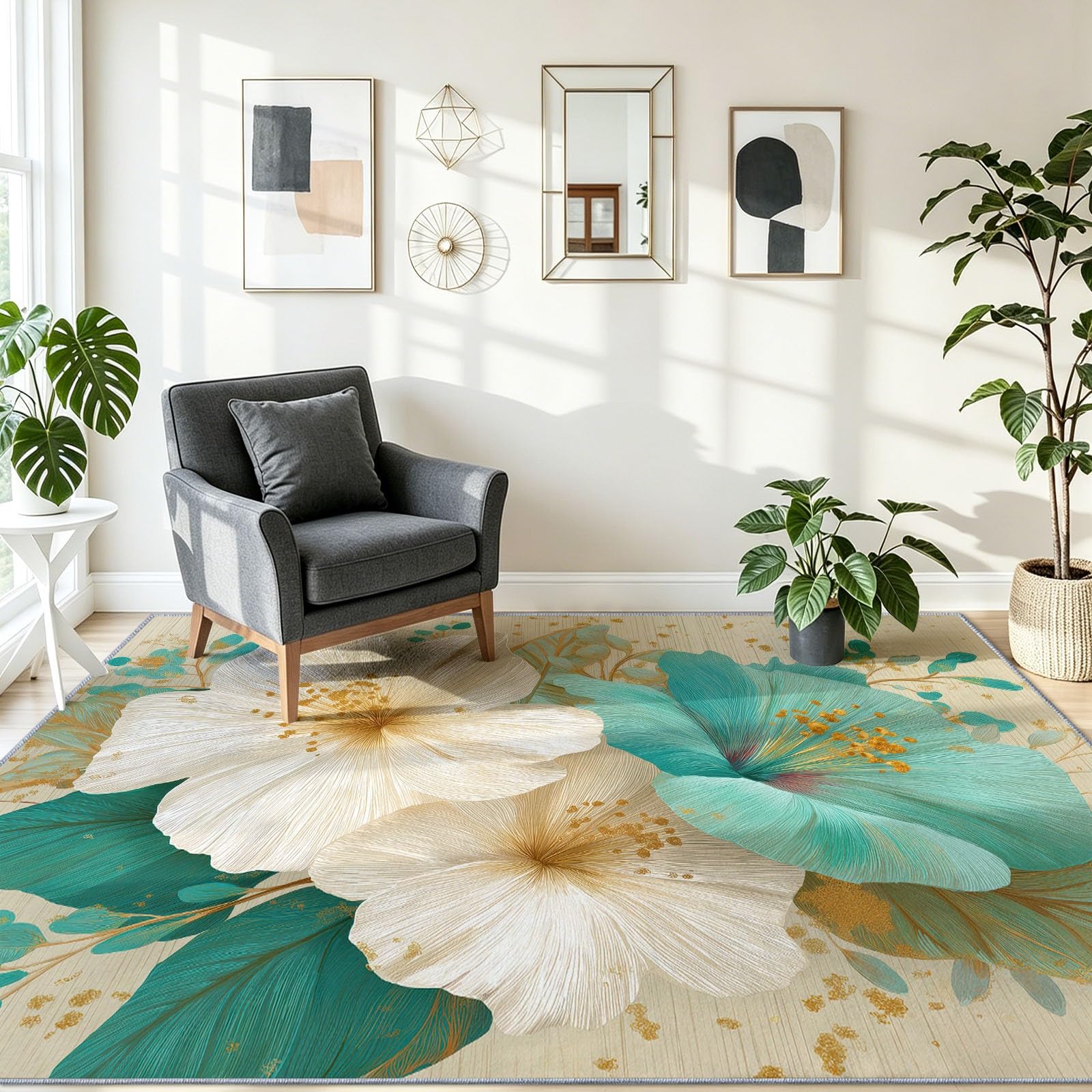 Tappeto Glam classico vintage floreale con foglie, antiscivolo e lavabile, per sedia da ufficio, ingresso e sala da pranzo, 60 x 120 cm, tappeto a pelo basso, per interni ad alto traffico, beige