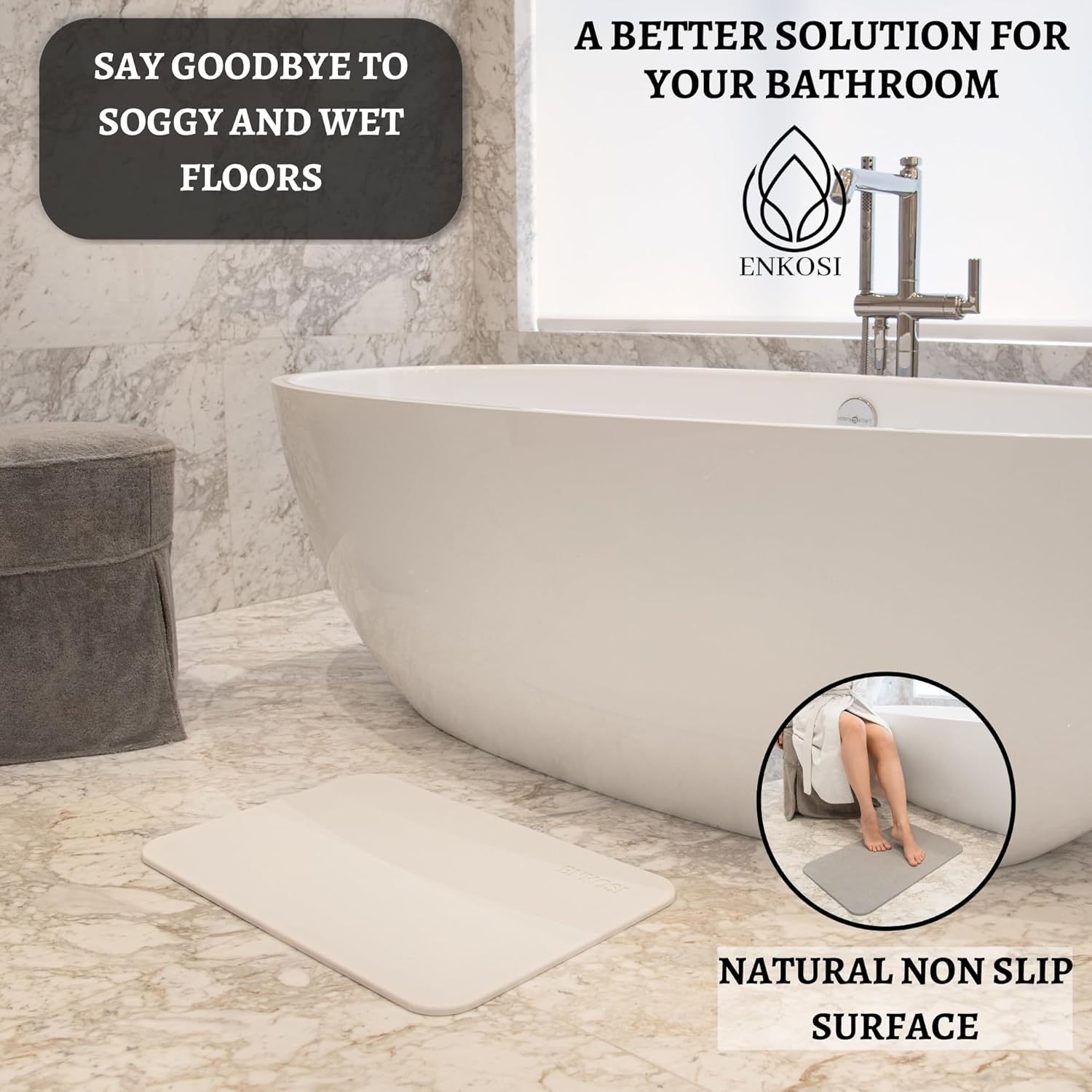 ENKOSI Stone Shower Mats for Bathroom - Instant Dry Rock Bath Mat - Quick Dry Stone Shower Slab (23.5 x 15 White 2-Pack)