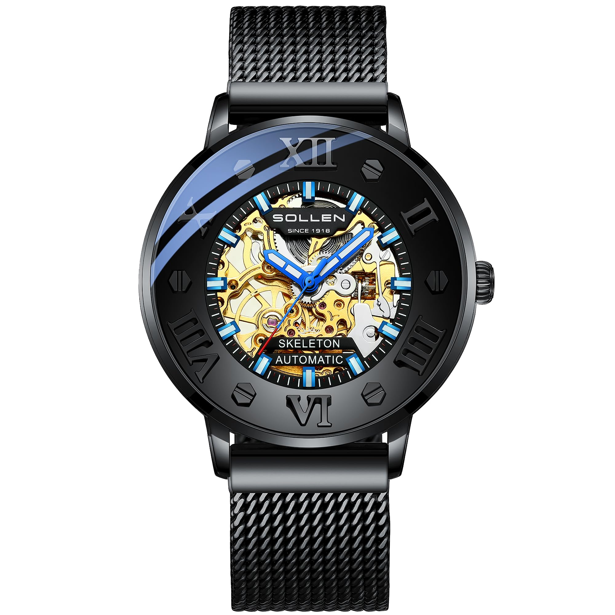 black men's automatic watches,luxury dress mechanical skeleton watch