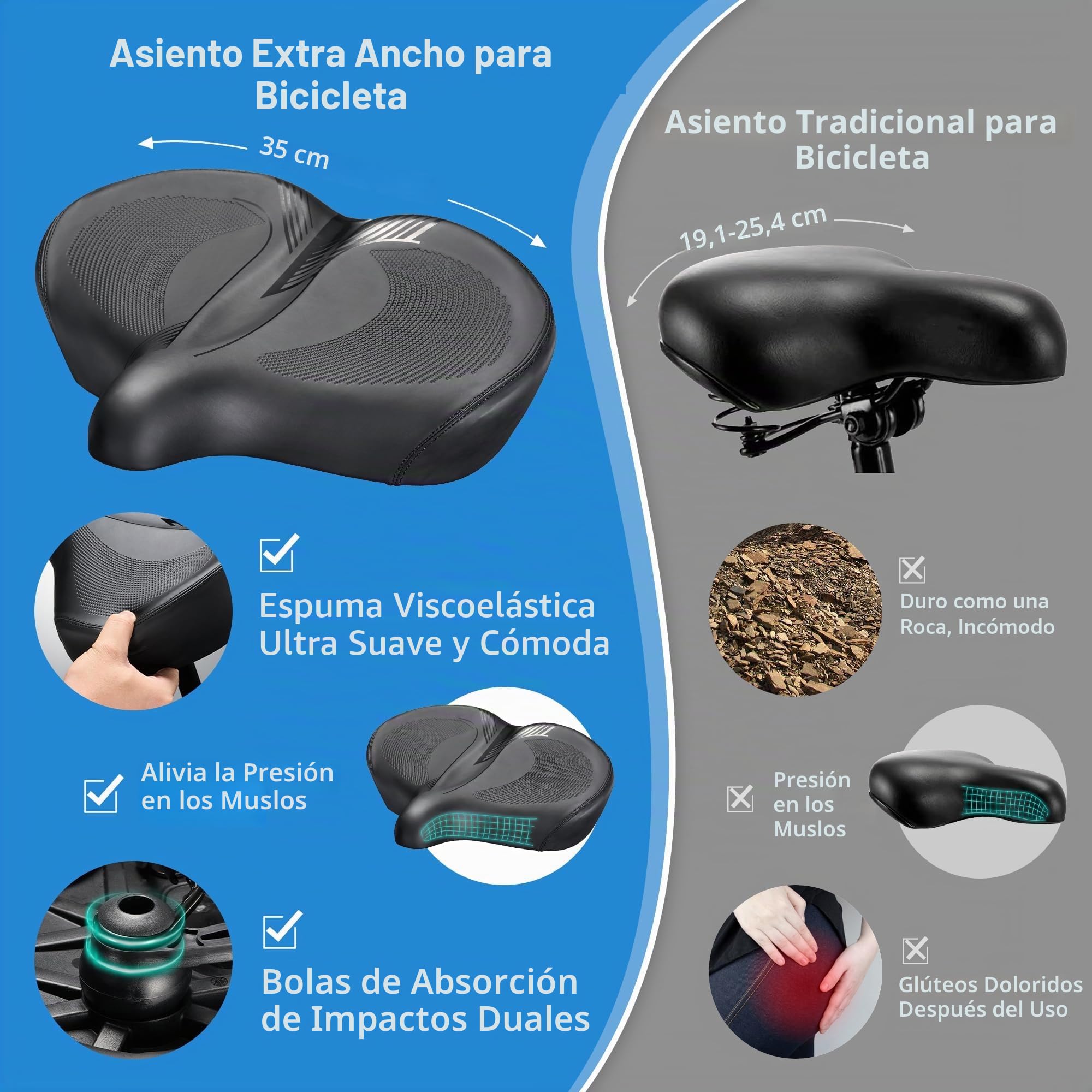 DAWAY W60 - Asiento de Bicicleta Extra Ancho, sillín de Espuma viscoelástica Ultra cómodo para Paseos en Interiores y Exteriores, ergonómico, con amortiguadores, Ajuste Universal para Peloton,