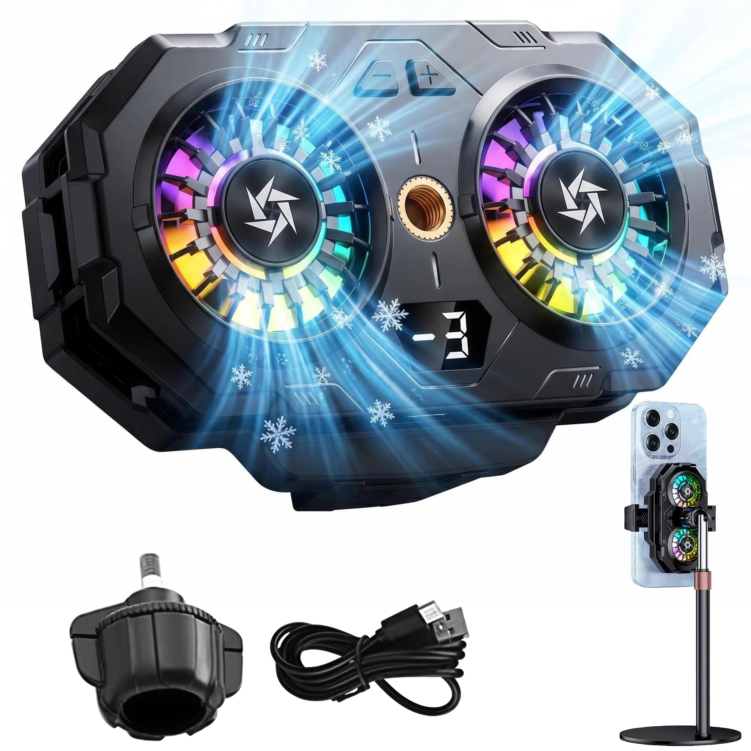Handy Kühler mit Ständer, Doppelkern Phone Cooler mit Digitalanzeige-3 Einstellbare Stufen, Tragbarer Handy Kühlventilator, Universeller Handykühler für Live Streaming, Gaming, Binge-Watching