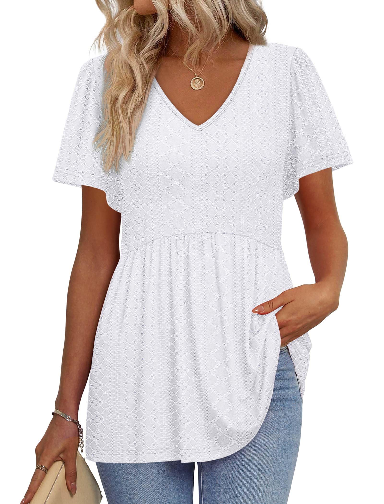 OFEEFAN Womens Summer Tops Babydoll Short Sleeve Shirts Puff Sleeve Peplum Tops V Neck T Shirts
