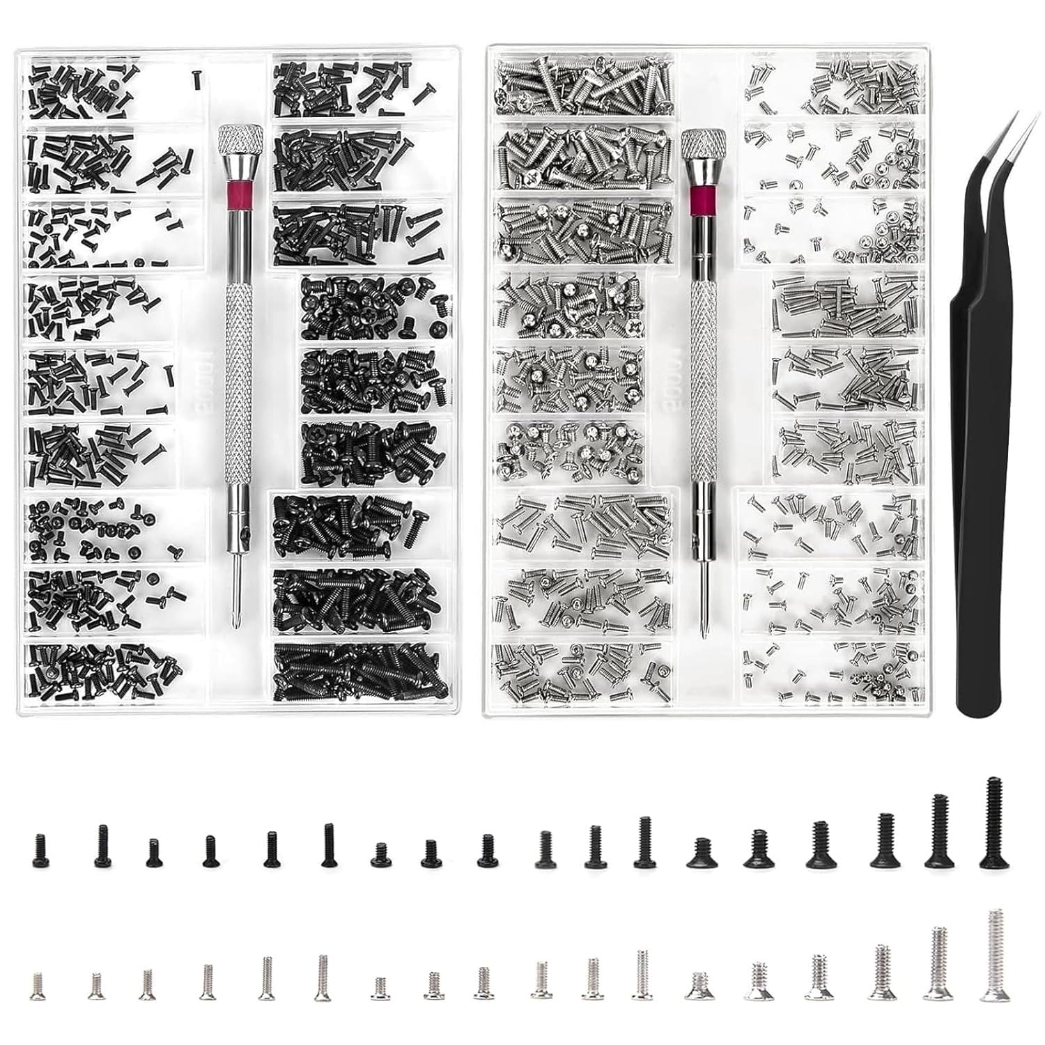 Tiny Micro Repair Screw Kit, AUNHOKE 1000Pcs Tiny Screws M1.2 M1.4 M2, Replacement Screws Kit with Screwdriver and Tweezers for Glasses, Laptop and Watch Repair (M+O)