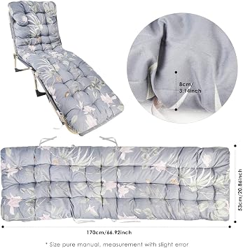 Lounge Chair Cushion,170 * 53 * 8cm Sun Lounger Cushions with Anti-slip Top and Tie Ropes, Recliner Rocking Chair Cushion for Poolside Furniture Garden Chaise Indoor Outdoor (Floral Design)