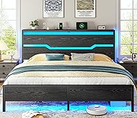 Vista 13 de Estructura de cama tamaño matrimonial con luces LED y estación de carga, estructura de cama completa con cabecero de almacenamiento, 13