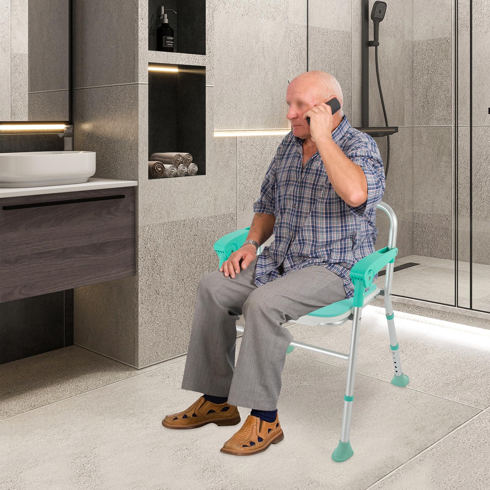 Silla de ducha para personas mayores, altura ajustable y antideslizante, taburete de ducha acolchado plegable con respaldo y reposabrazos, silla de baño de EVA para personas mayores, embarazadas y